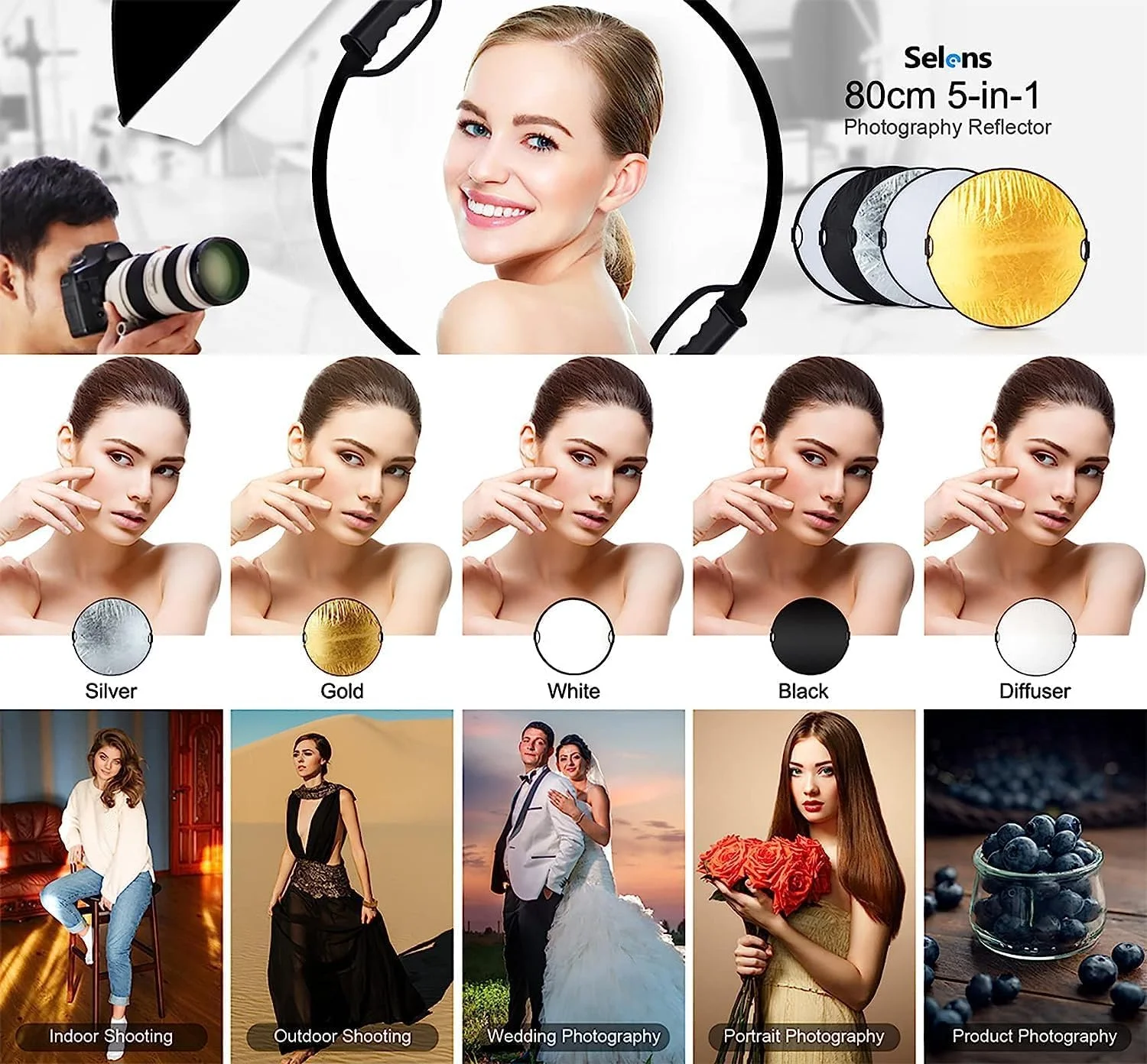 بازتابنده عکاسی خزنه، دیسک چند منظوره گرد تاشو 5 در 1 قابل حمل با دستگیره، بازتابنده نور طلایی/نقره ای/سفید/مشکی/شفاف، برای عکاسی و نورپردازی فضای باز، 11.8 اینچ بازتابنده عکاسی خزنه، دیسک چند منظوره گرد تاشو 5 در 1 قابل حمل با دستگیره، بازتابنده نور طلایی/نقره ای/سفید/مشکی/شفاف، برای عکاسی و نورپردازی فضای باز، 11.8 اینچ