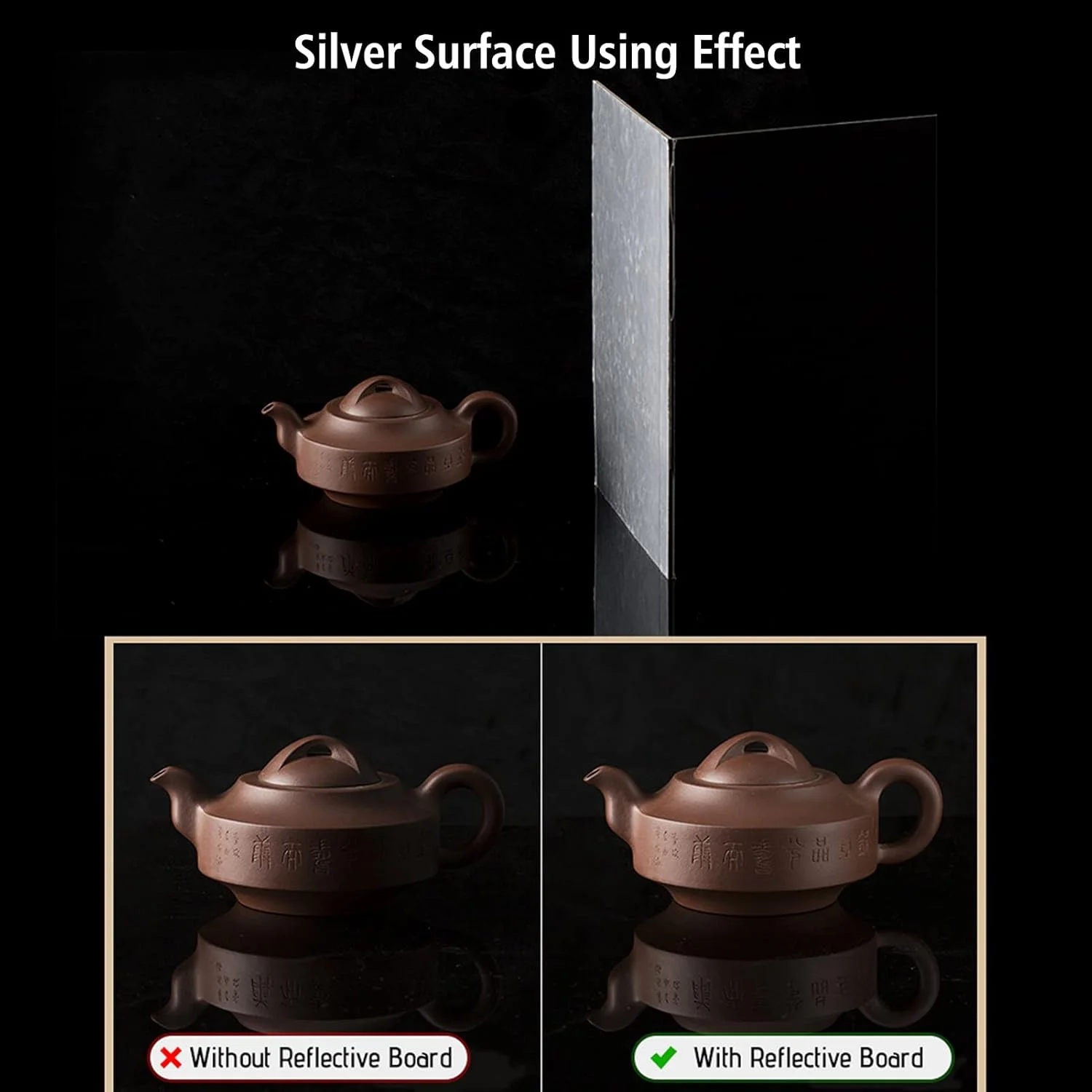 برد بازتابنده تاشو 3 در 1 برای عکاسی (سیاه + سفید + نقره ای) مناسب عکاسی از محصولات، غذا و اشیاء بی جان، سایز A4