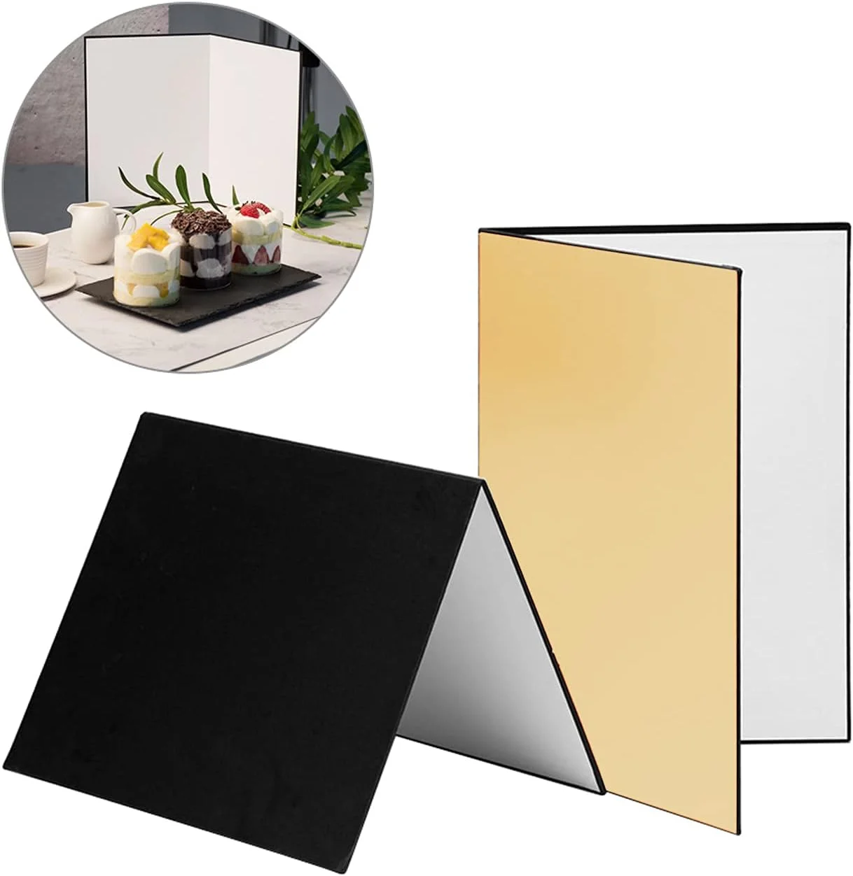 برد بازتابنده تاشو مقوایی عکاسی 3 در 1 موریلیان (سیاه + سفید + طلایی) برای عکاسی از محصولات و مواد غذایی، سایز A3 برد بازتابنده تاشو مقوایی عکاسی 3 در 1 موریلیان (سیاه + سفید + طلایی) برای عکاسی از محصولات و مواد غذایی، سایز A3