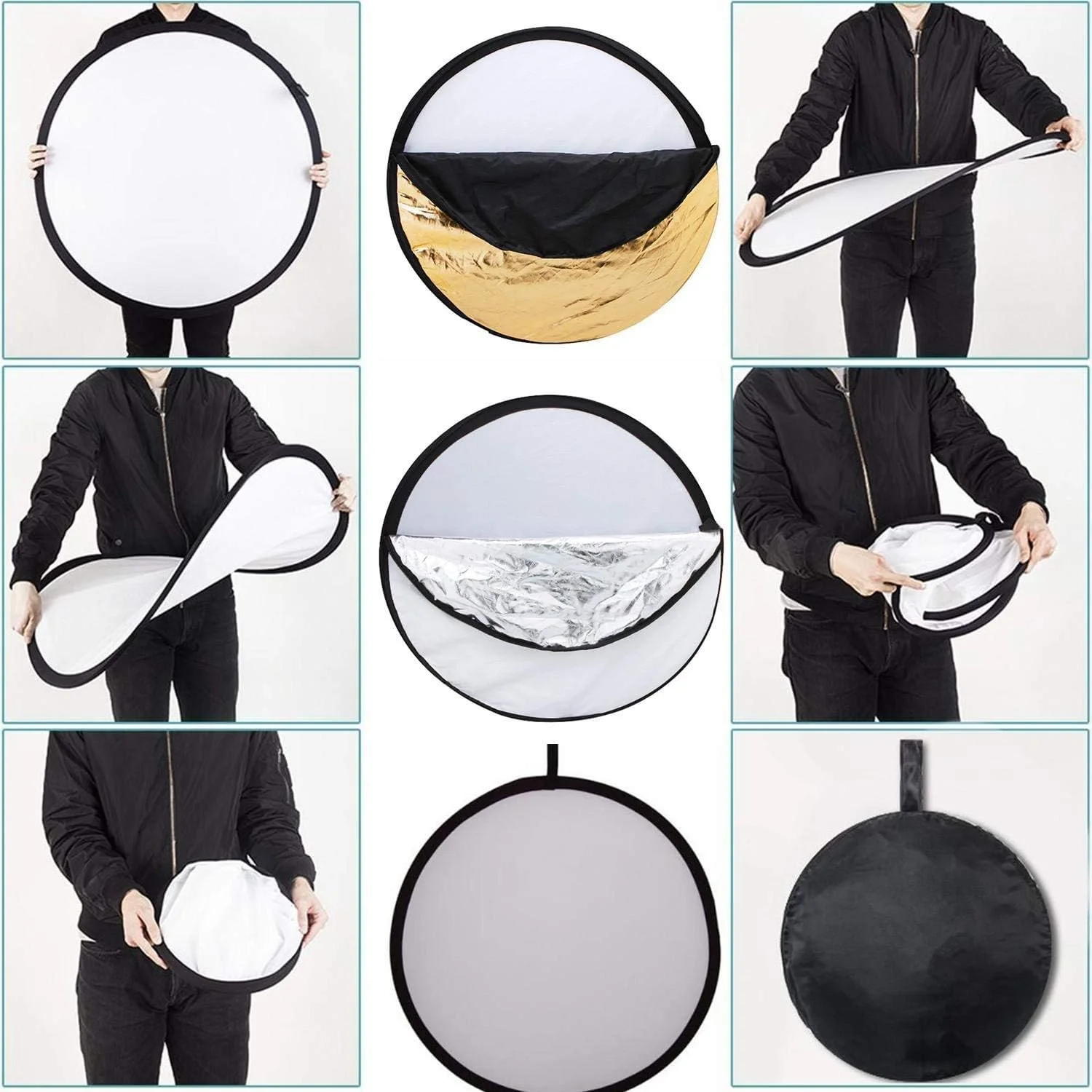 بازتابنده نور 5 در 1 پادوم، 43 اینچ / 110 سانتی متر، تاشو، چند دیسکی به همراه کیف - نقره ای، طلایی، سفید، مشکی و شفاف برای عکاسی استودیویی و فضای باز بازتابنده نور 5 در 1 پادوم، 43 اینچ / 110 سانتی متر، تاشو، چند دیسکی به همراه کیف - نقره ای، طلایی، سفید، مشکی و شفاف برای عکاسی استودیویی و فضای باز