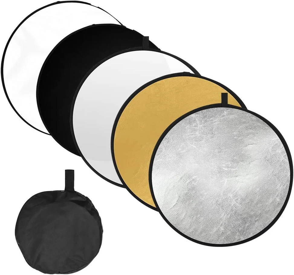 بازتابنده نور عکاسی 5 در 1 تاشو چند دیسکی با کیف حمل برای عکاسی استودیویی در فضای باز، نرم کننده، روشن کننده، گرم کننده، دمای رنگ خنثی، مسدود کننده نور ناخواسته، فولاد انعطاف پذیر بادوام