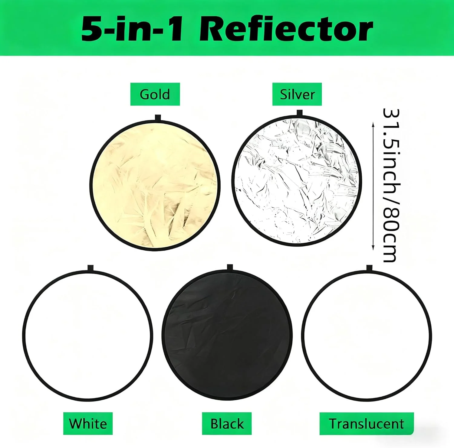 رفلکتور عکاسی 5 در 1، 80 سانتی‌متری، رفلکتور نوری چند دیسکی تاشو با کیف - فوق‌العاده قابل حمل برای عکاسی استودیویی/ماکرو - شفاف، نقره‌ای، طلایی، سفید و مشکی