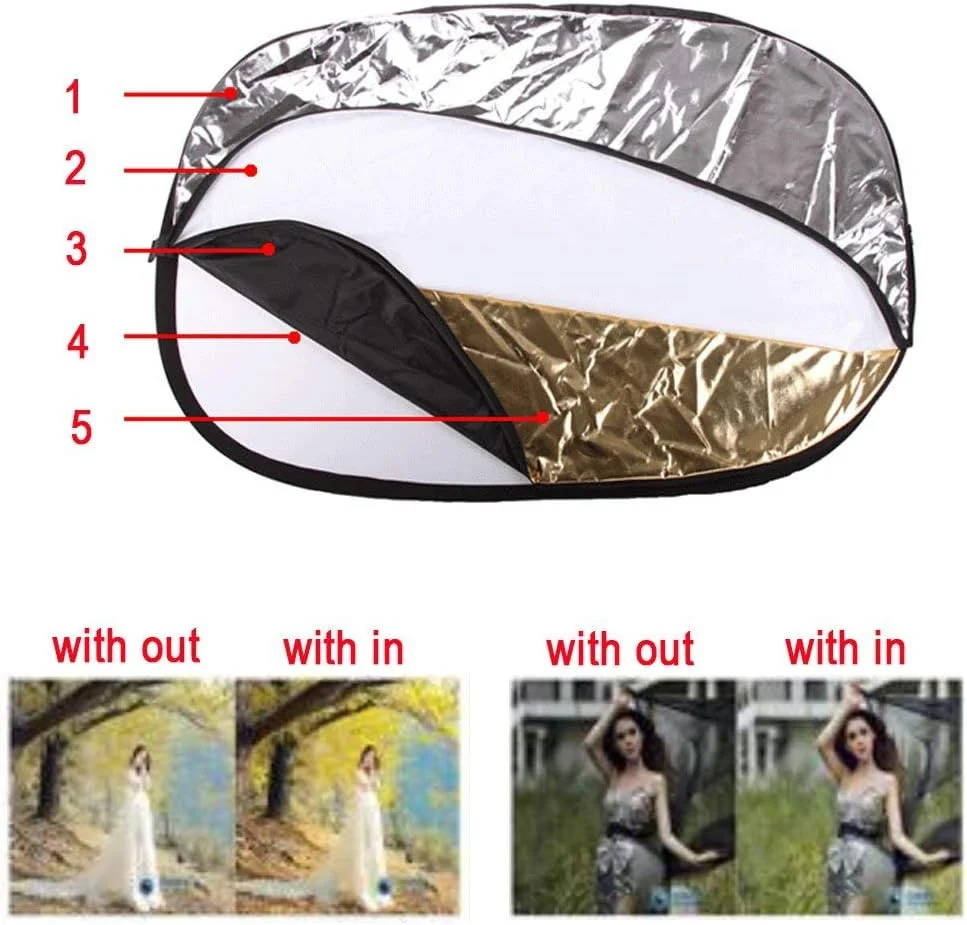 رفلکتور نورپردازی عکاسی چند دیسکی 5 در 1 قابل حمل، رفلکتور نور تاشو، 60x90 سانتی متر، پخش کننده نور عکاسی جدید برای استودیو طلایی نقره ای سفید سیاه و شفاف