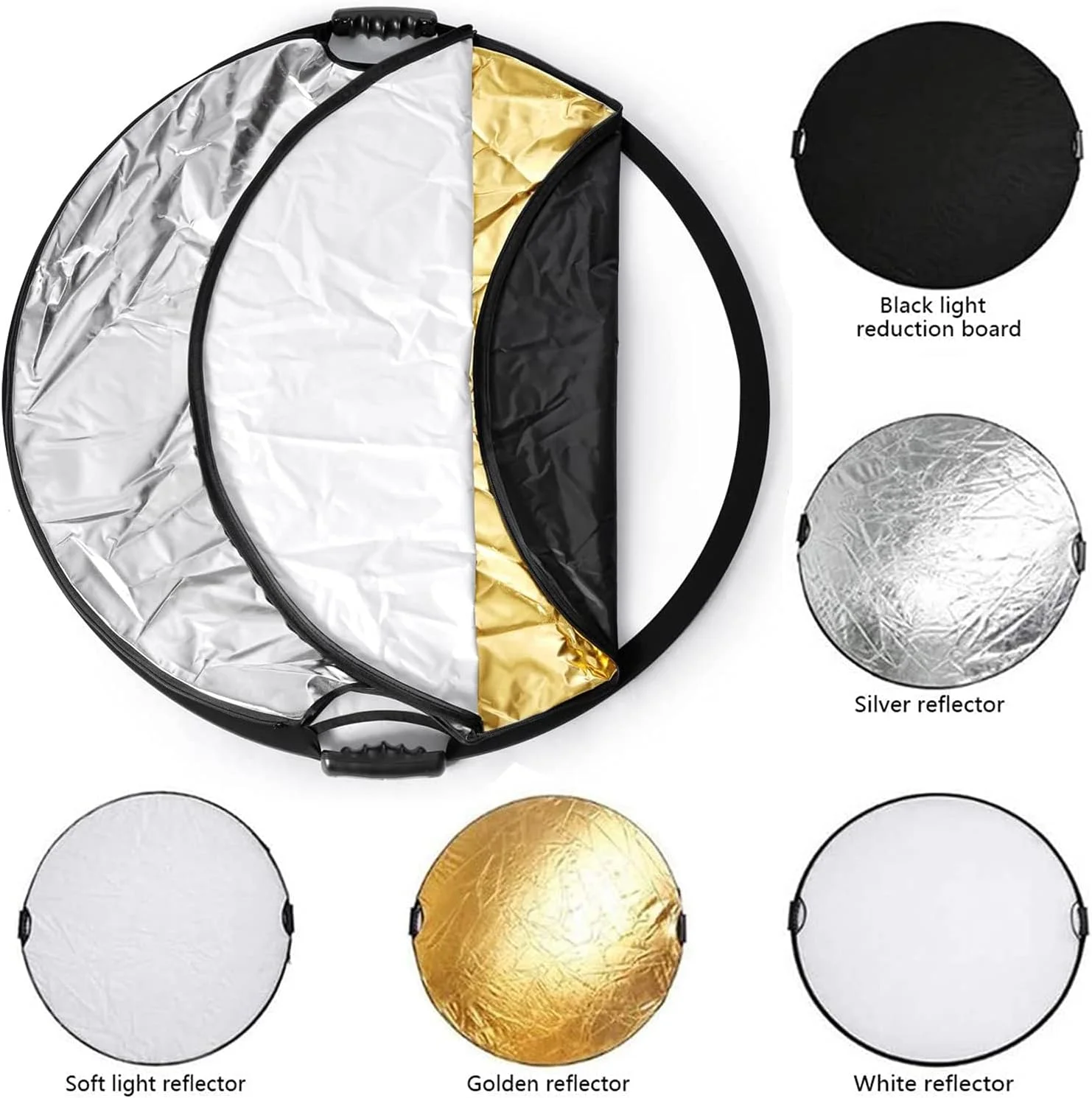 بازتابنده نور 5 در 1 تاشو گرد چند منظوره 30 سانتی‌متری، پخش‌کننده نور عکاسی، بازتابنده تاشو با کیف، برای نورپردازی عکاسی و نورپردازی فضای باز