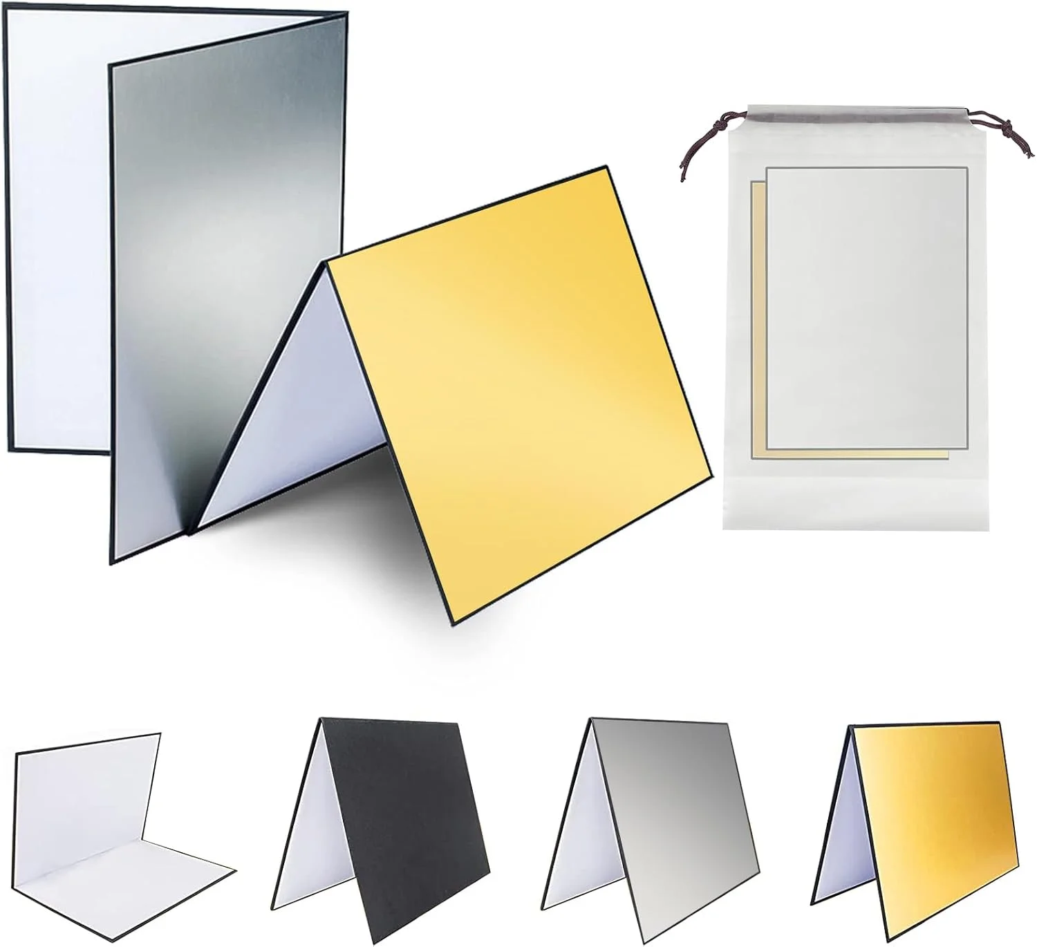 کارت بازتابنده نور 2 عددی 3 در 1 برای عکاسی مواد غذایی، پخش کننده نور تاشو، مناسب برای عکاسی از محصولات و طبیعت بی جان، به همراه کیف نگهداری، نقره ای طلایی (سایز A4)