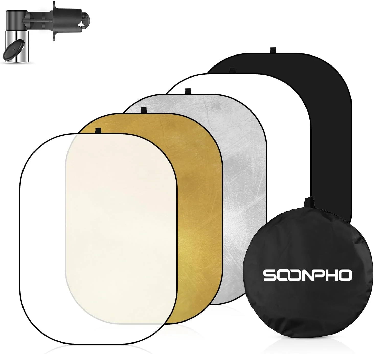 رفلکتور عکاسی Soonpho 80x120 سانتی متر 5 در 1 تاشو بیضی شکل با گیره نگهدارنده و کیف حمل برای استودیو، نورپردازی خارجی و عکاسی
