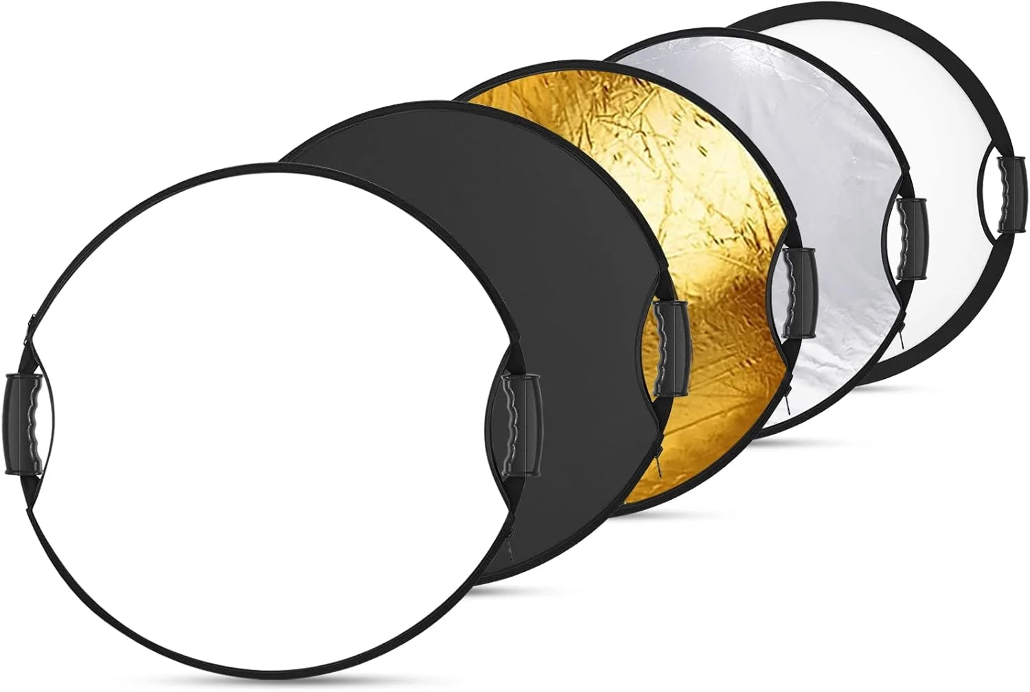 بازتابنده نور 5 در 1 Neewer با دسته و رزوه 3/8 اینچی، دیسک تاشو 56 سانتی‌متری - شفاف/نقره‌ای/طلایی/سفید/مشکی برای نورپردازی عکاسی، نورپردازی فضای باز، مدل RF-56II