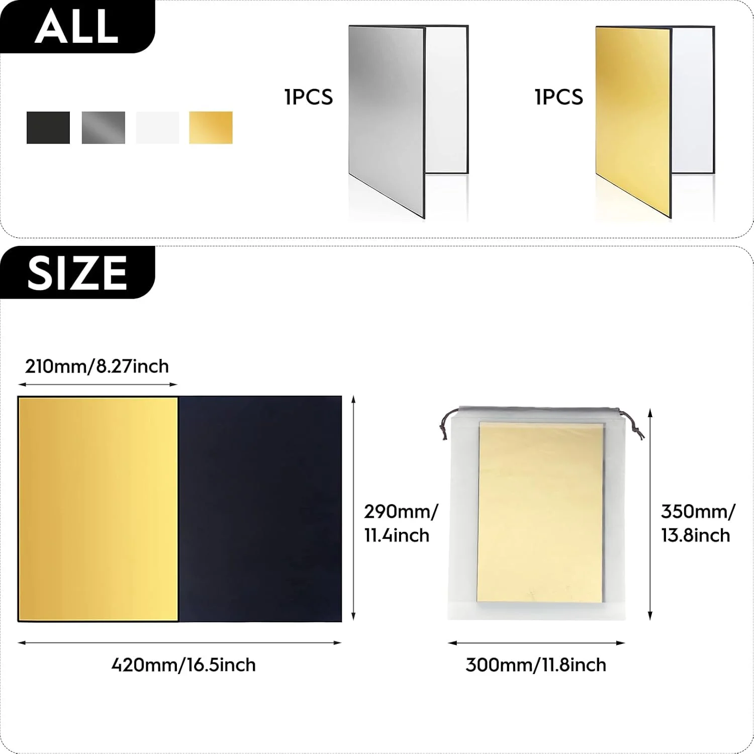 کارت بازتابنده نور 2 عددی 3 در 1 برای عکاسی مواد غذایی، پخش کننده نور تاشو، مناسب برای عکاسی از محصولات و طبیعت بی جان، به همراه کیف نگهداری، نقره ای طلایی (سایز A4)