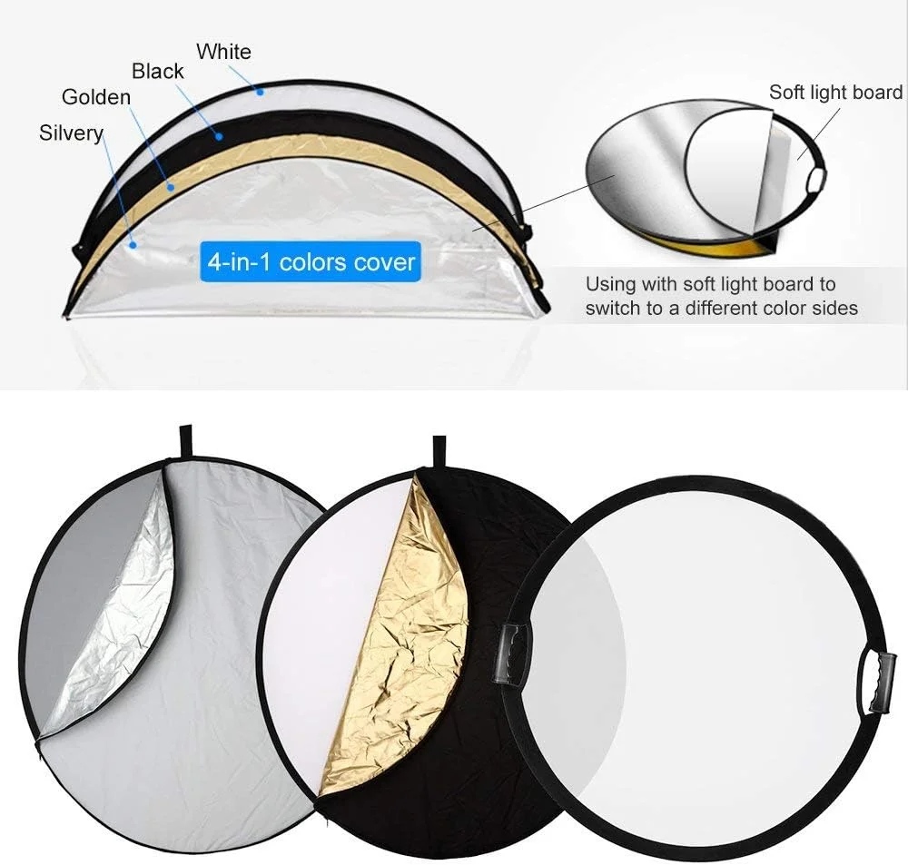 رفلکتور گرد 5 در 1 با دسته، مناسب نورپردازی عکاسی، استودیو و فضای باز، سایز 80 سانتی متر