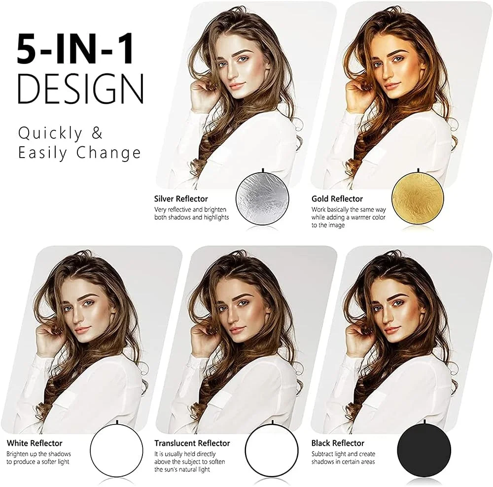 رفلکتور نور قابل حمل 31 اینچی 5 در 1 عکاسی، دیسک چند منظوره تاشو با کیف، نقره ای، طلایی، سفید و مشکی مات برای نورپردازی استودیوی عکس و نورپردازی فضای باز