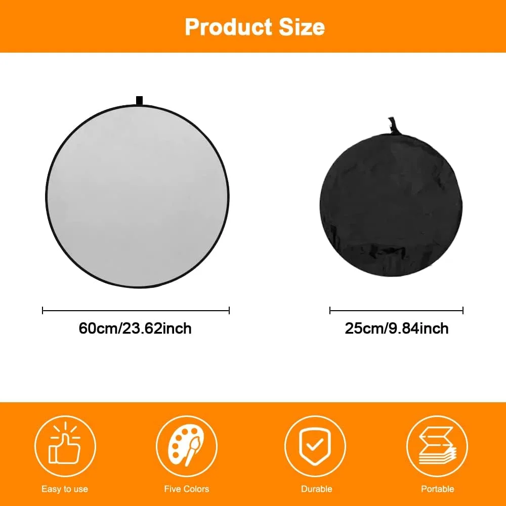 رفلکتور 5 در 1، رفلکتور دیسکی، رفلکتور نور گرد 60 سانتی متری عکاسی، پخش کننده نور عکاسی، رفلکتور تاشو، رفلکتور نور عکاسی، برای پرتره، عکس، سلفی، عکاسی عروسی