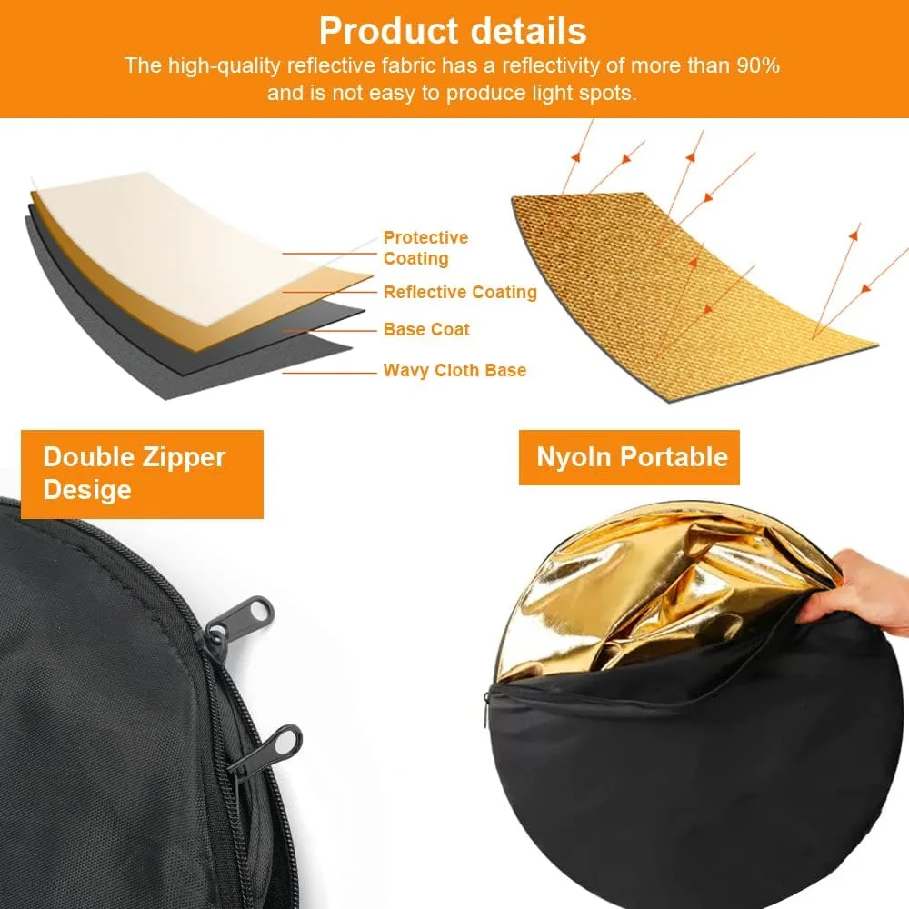 رفلکتور 5 در 1، رفلکتور دیسکی، رفلکتور نور گرد 60 سانتی متری عکاسی، پخش کننده نور عکاسی، رفلکتور تاشو، رفلکتور نور عکاسی، برای پرتره، عکس، سلفی، عکاسی عروسی