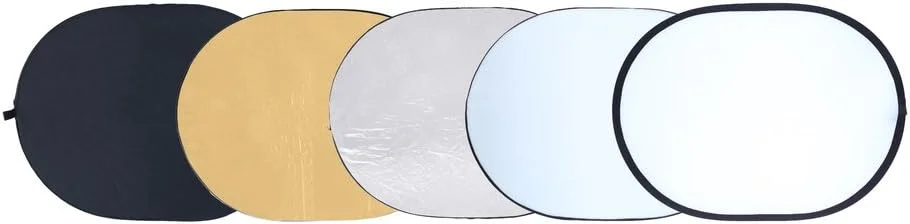 رفلکتور تاشو 5 در 1 رولی پرو 92 x 122 سانتی متر - رفلکتور تاشو بیضی شکل با روکش های مختلف (دیفیوزر، رفلکتور نقره ای، طلایی، سفید و سیاه)، برای عکاسی پرتره