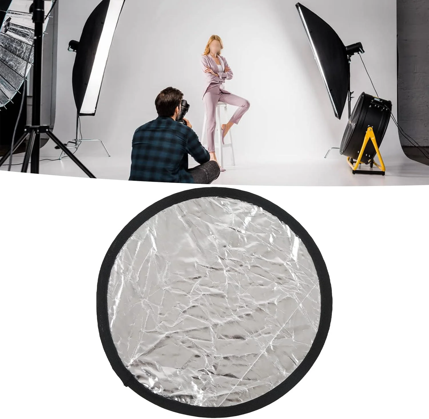 بازتابنده نور، بازتابنده گرد نقره ای و سفید قابل حمل 2 در 1 برای نورپردازی در فضای باز (30 سانتی متر)