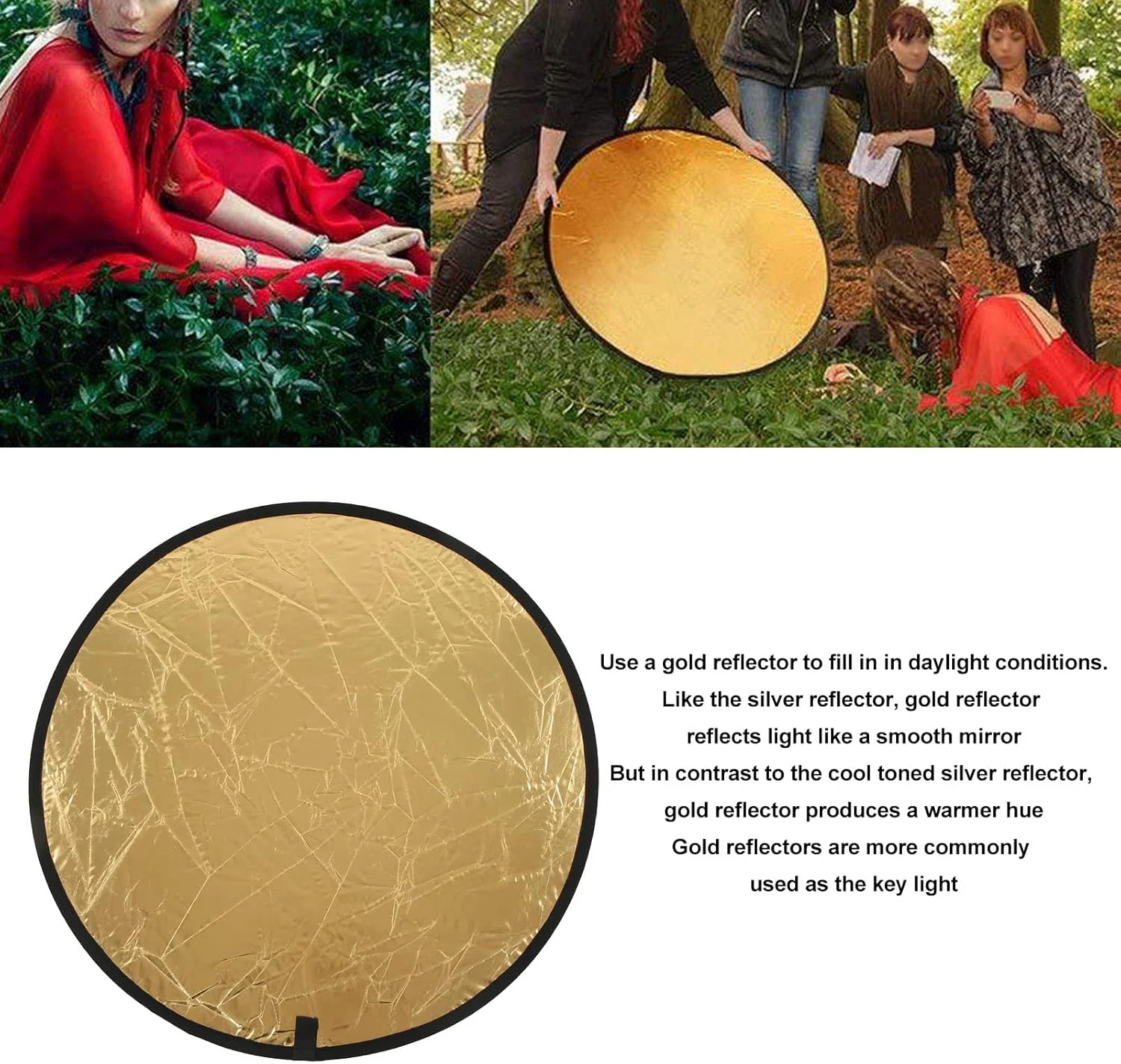 رفلکتور 2 در 1 برای عکاسی - رفلکتور گرد نقره ای و طلایی قابل حمل - ایده آل برای عکاسی در فضای باز و استودیو (110 سانتی متر)
