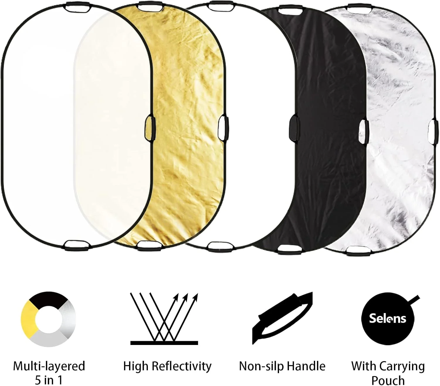 رفلکتور عکاسی Selens با ابعاد 150x100 سانتی‌متر 5 در 1، پخش‌کننده نور تاشو با دسته برای نورپردازی استودیوی عکس و لوازم جانبی فضای باز