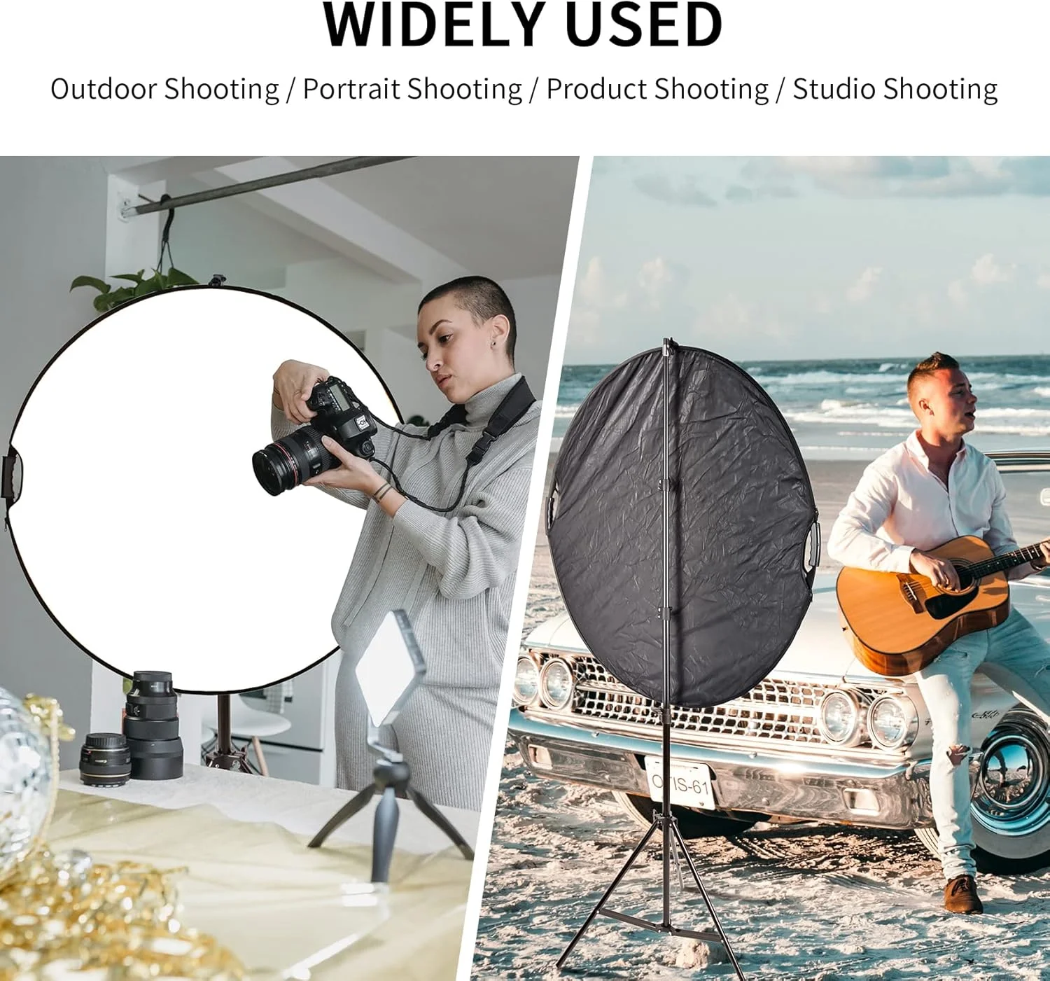 بازتابنده نور عکاسی Selens سایز 43 اینچ، 5 رنگ با دسته به همراه پایه نور 2 متری برای عکاسی، بازتابنده چند دیسکی به همراه پایه و گیره