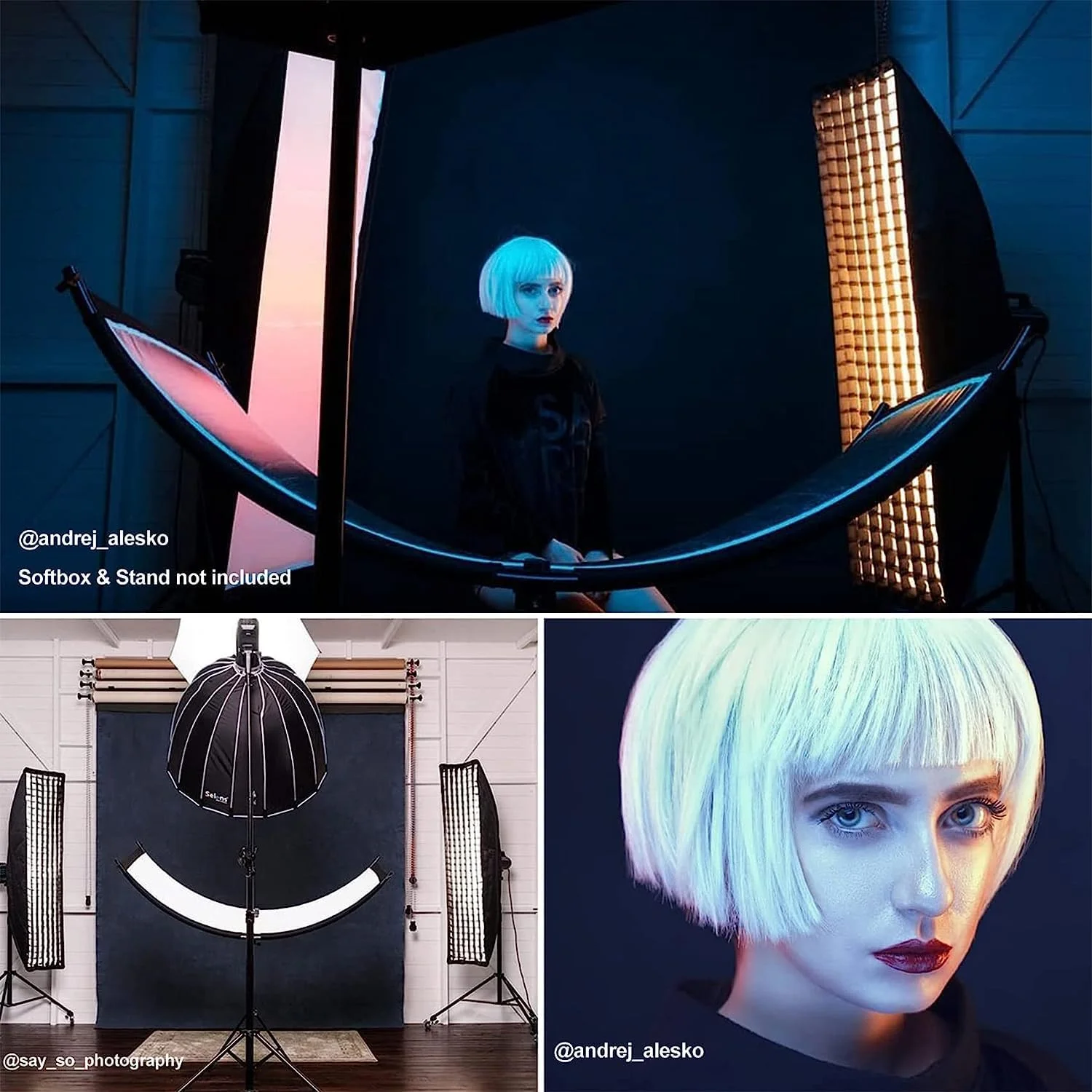 بازتابنده منحنی Selens، بازتابنده/پخش کننده نور صدفی، 60x178 سانتی متر، بازتابنده نورپردازی عکاسی برای استودیوی عکس و فیلم با بازتابنده های مشکی/نقره ای/سفید/طلایی، کیف حمل