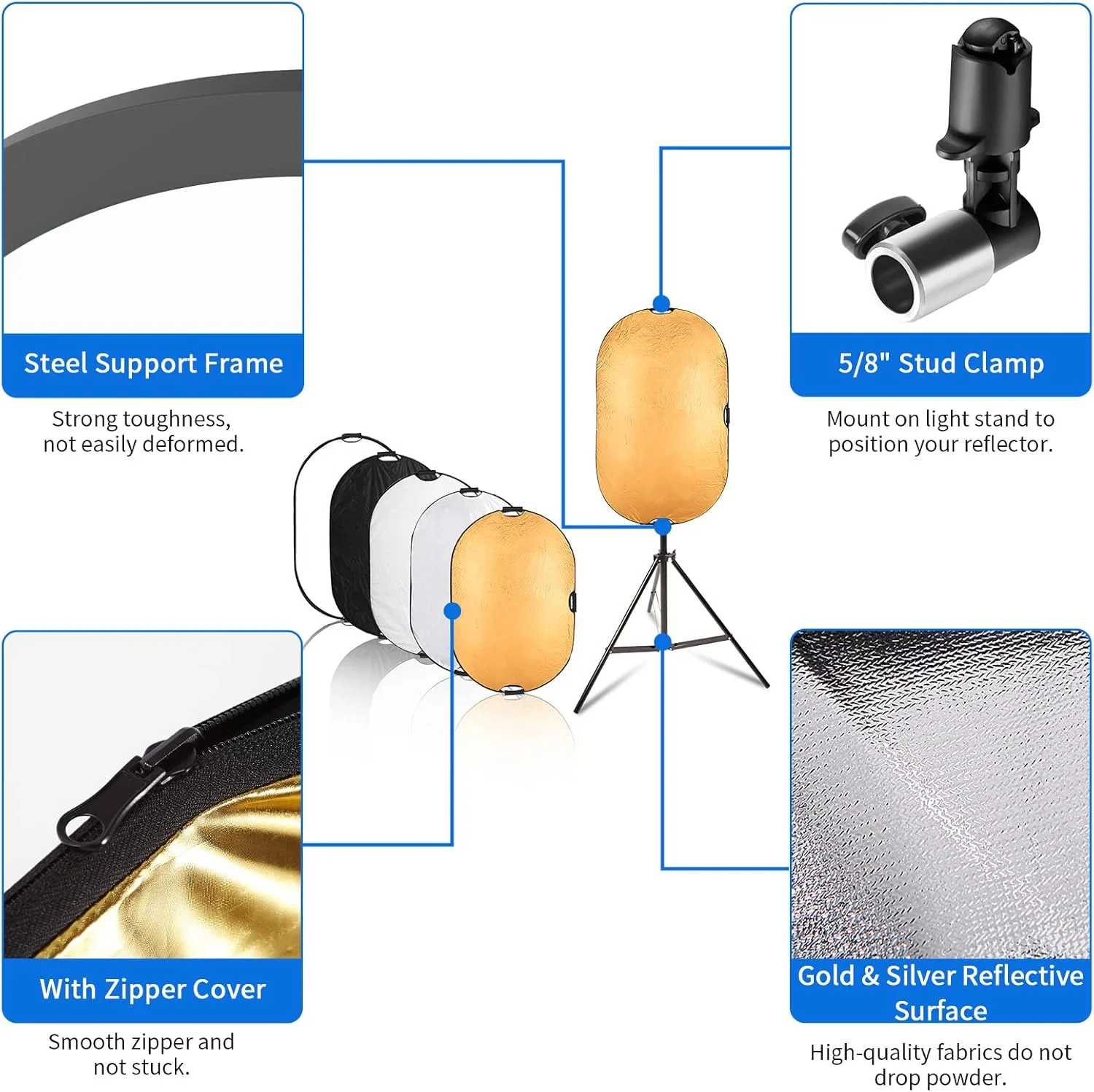 کیت بازتابنده نور عکاسی 5 در 1 Selens با ابعاد 100x150 سانتی متر شامل رنگ های طلایی/نقره ای/سفید/مشکی/دیفیوزر به همراه گیره نگهدارنده و کیف حمل تاشو مناسب برای نورپردازی استودیویی و فضای باز