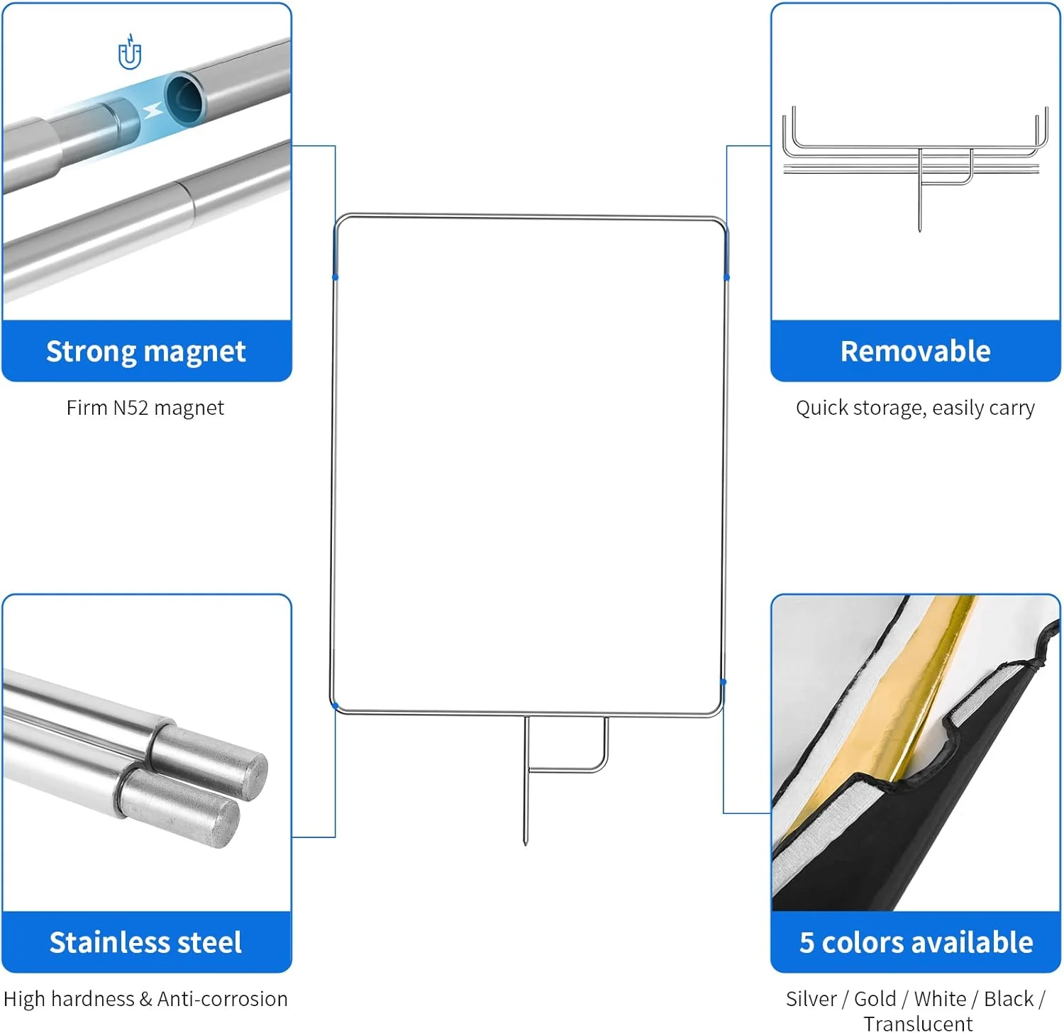 مجموعه پنل بازتابنده فلزی Selens با روکش پارچه ای سفید نرم، مشکی، نقره ای، طلایی و پخش کننده نور برای استودیو عکاسی، فیلمبرداری ویدئویی، عکاسی پرتره، 45x60 سانتی متر
