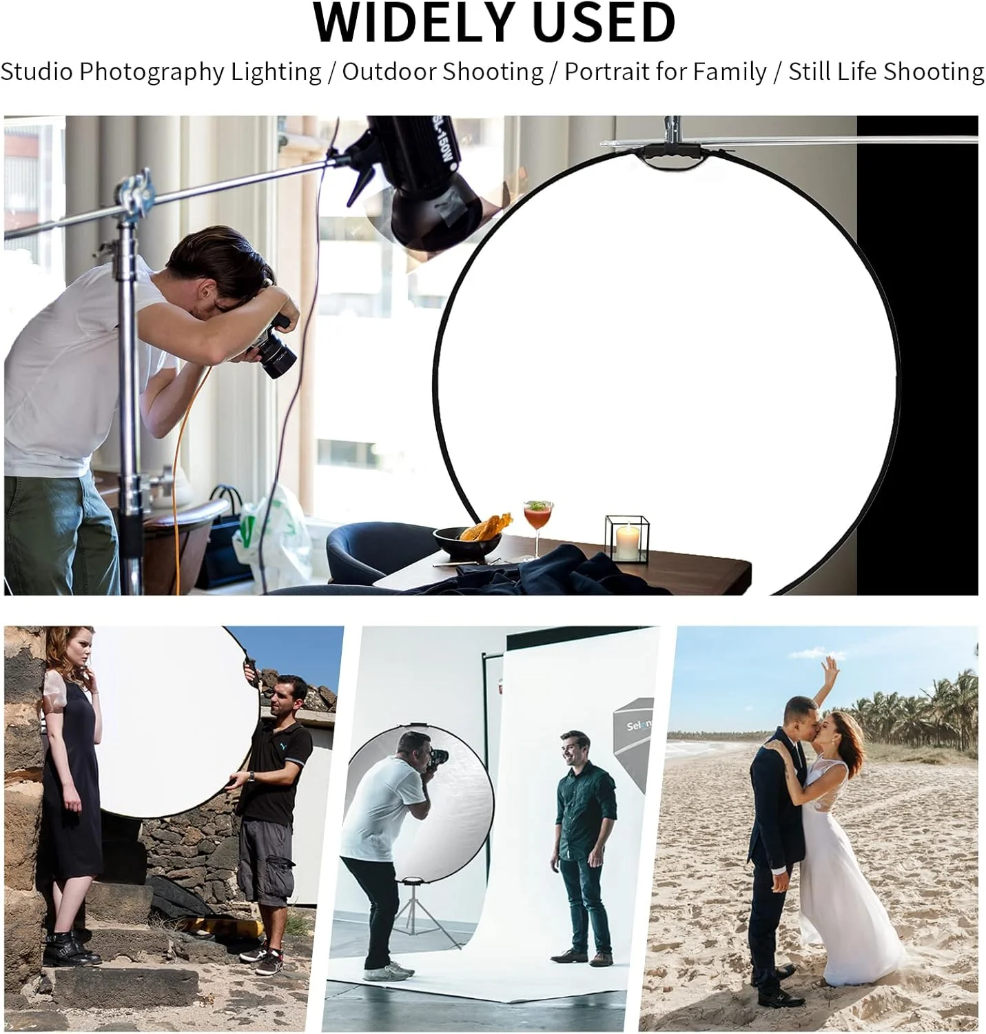 رفلکتور گرد قابل حمل 5 در 1 سلنز، سایز 43 اینچ (110 سانتی متر) به همراه کیف حمل، مناسب برای نورپردازی عکاسی در استودیو و فضای باز