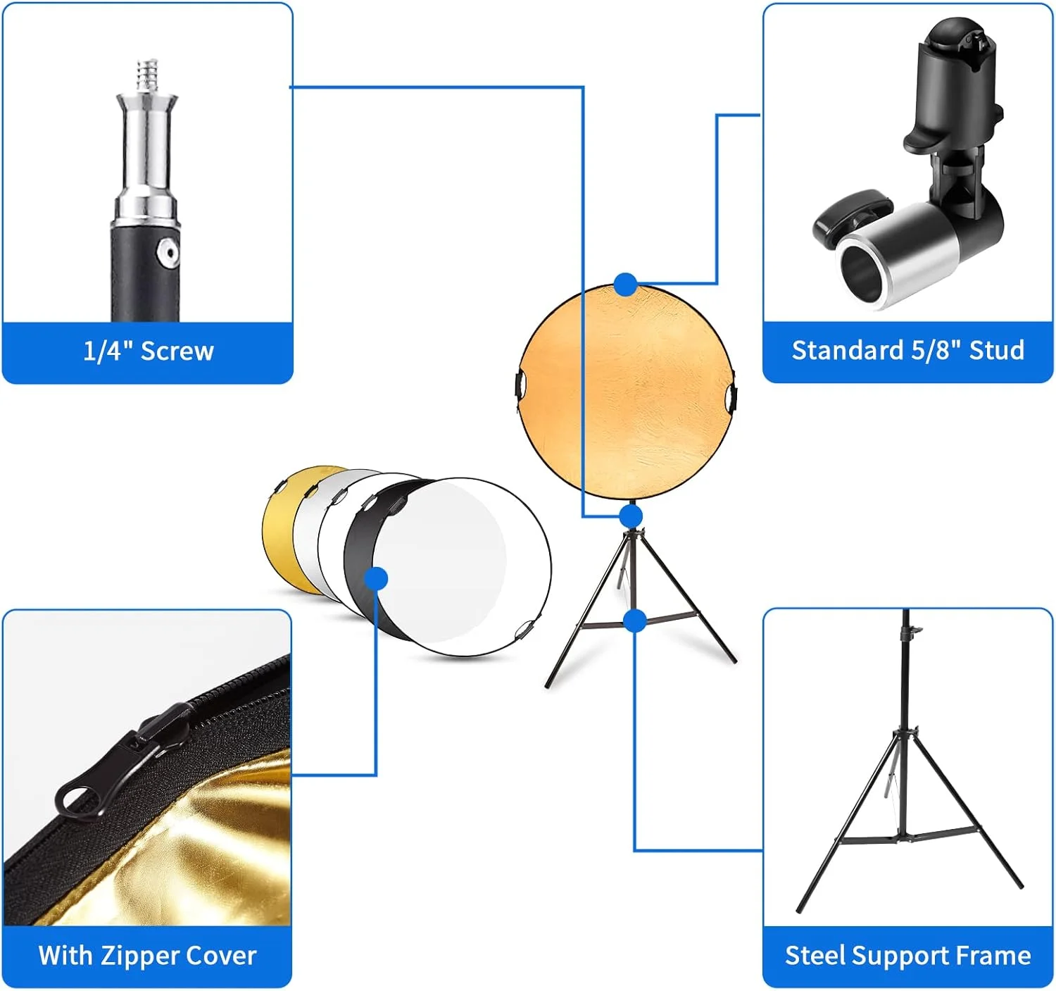 بازتابنده نور عکاسی Selens سایز 43 اینچ، 5 رنگ با دسته به همراه پایه نور 2 متری برای عکاسی، بازتابنده چند دیسکی به همراه پایه و گیره