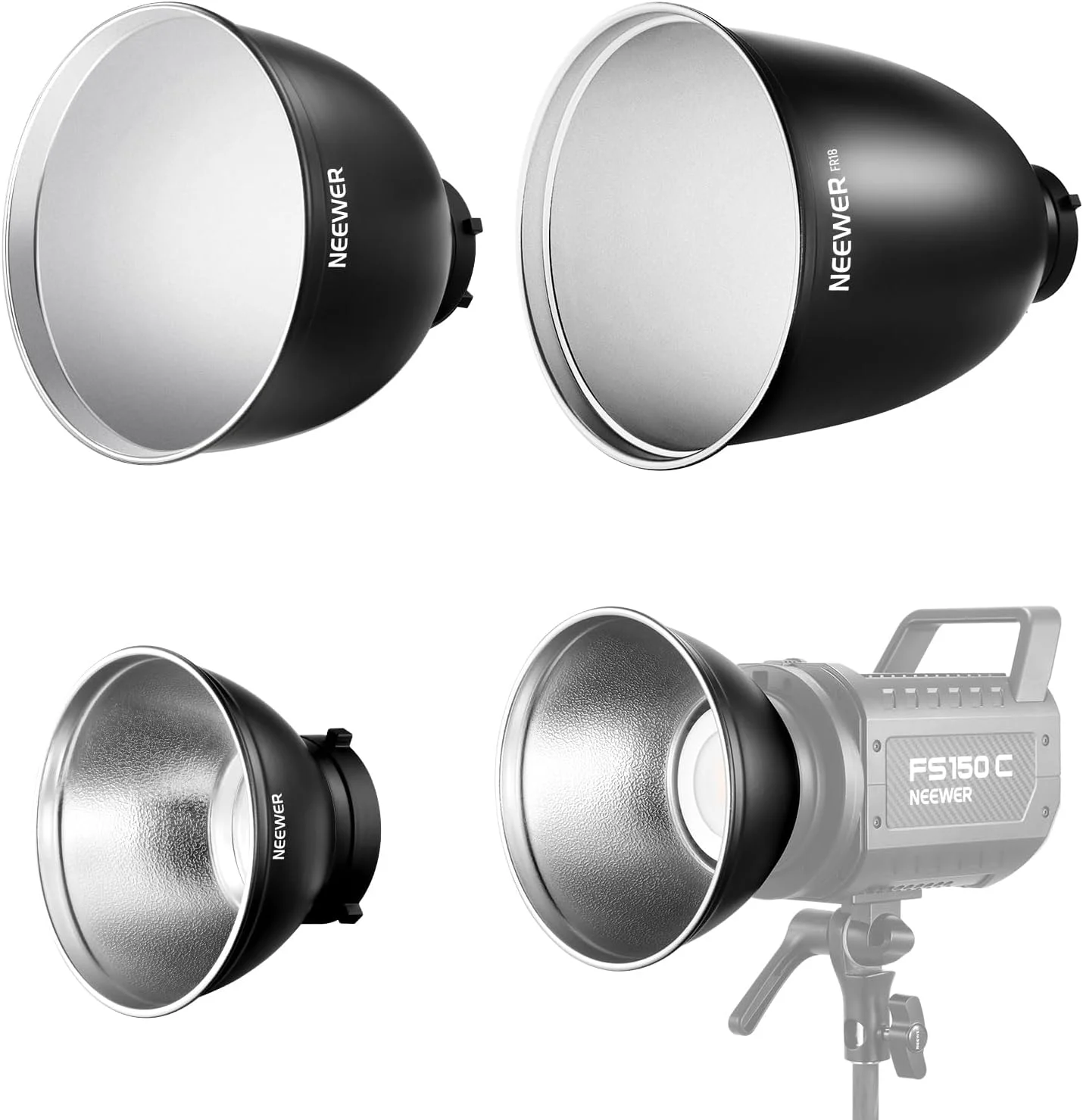 مجموعه بازتابنده نور استودیویی نیور با مانت بوئنز شامل سه سایز 7 اینچ استاندارد، 10 اینچ متوسط و 11 اینچ عمیق با زوایای 55، 65 و 45 درجه، سازگار با فلاش های استودیویی گودکس و آپرچر مدل FR18