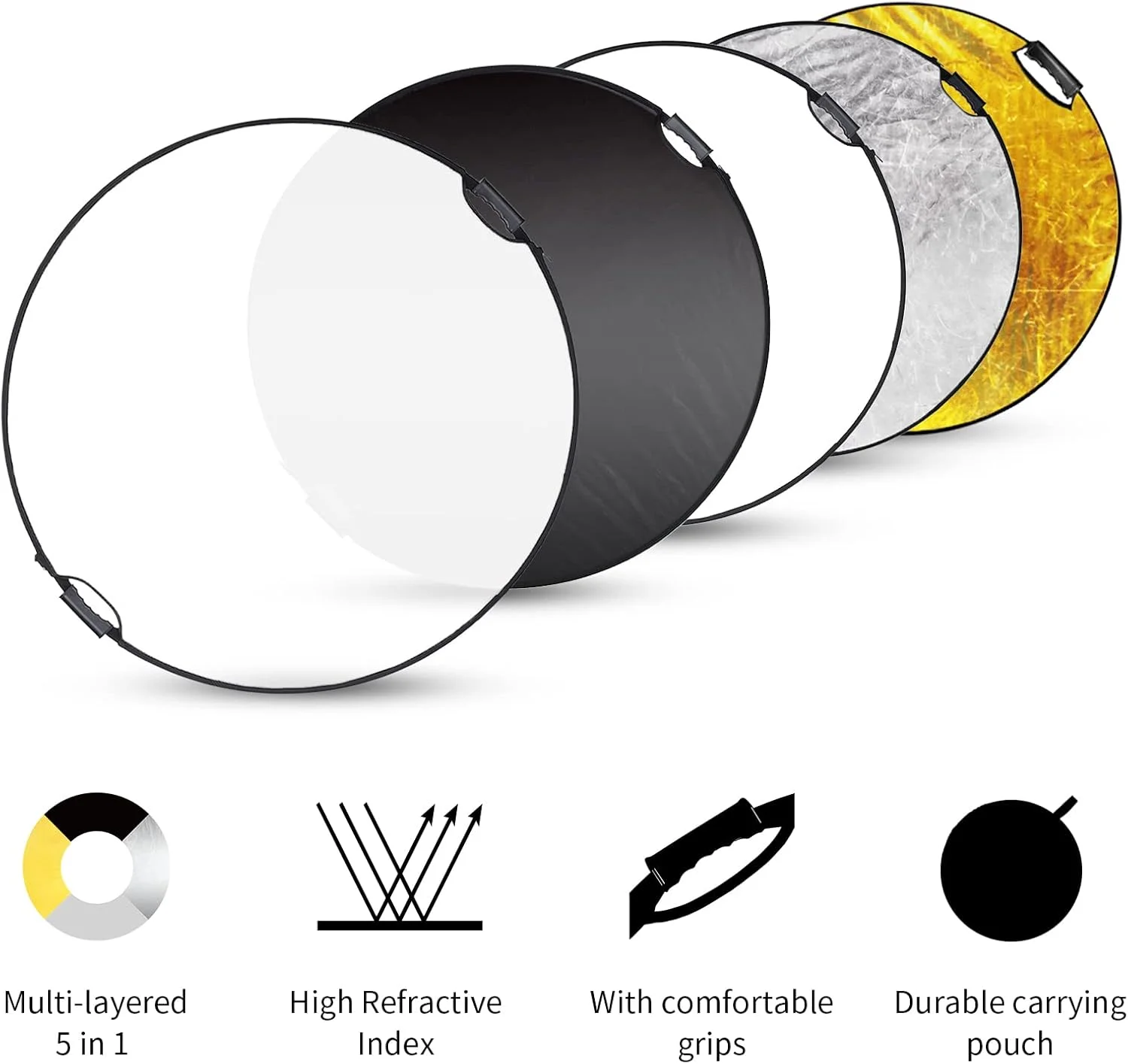 رفلکتور گرد 5 در 1 سلنز سایز 80 سانتی متر به همراه دسته، مناسب برای نورپردازی استودیویی و فضای باز