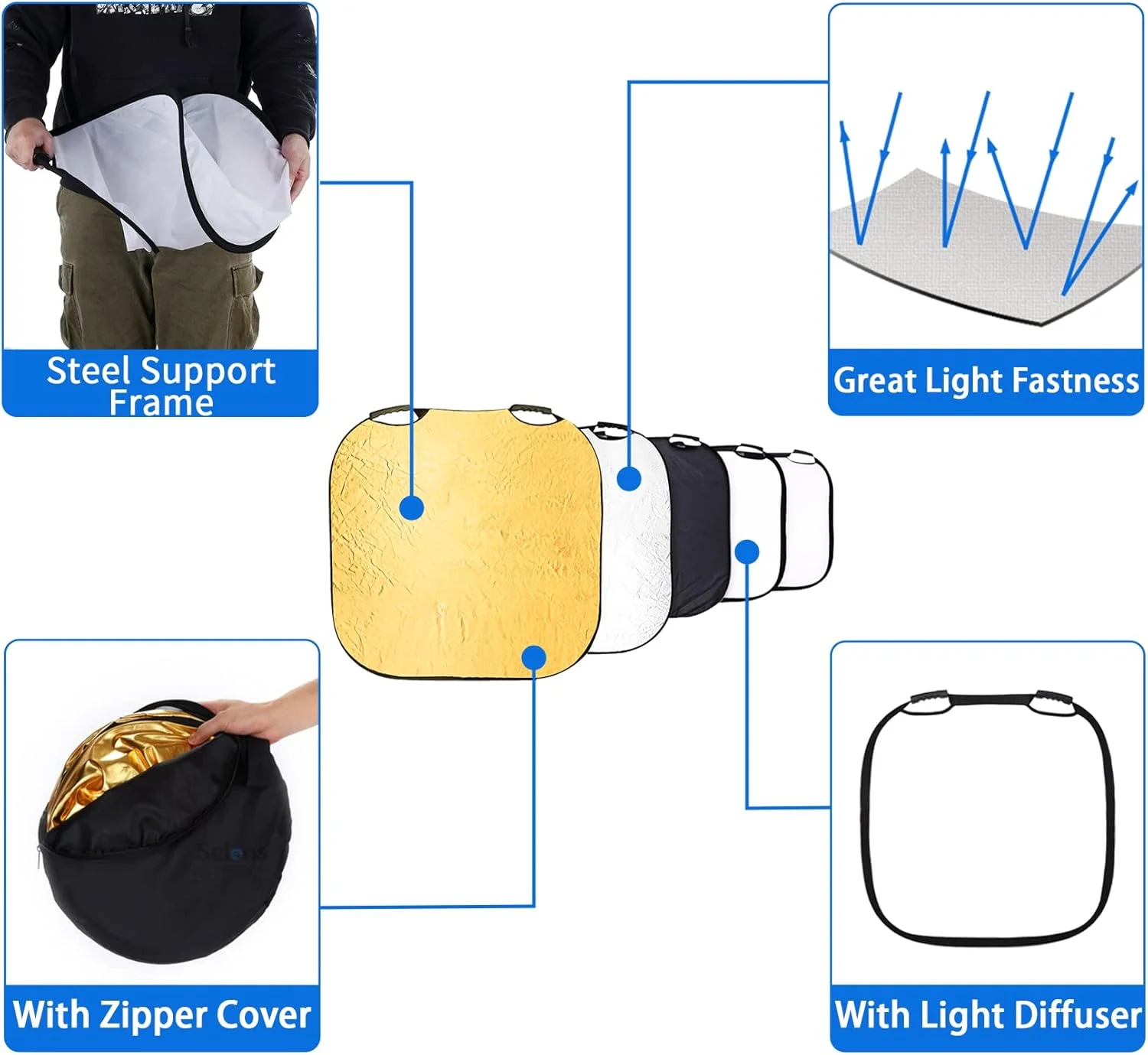 رفلکتور مربعی 5 در 1 سلنز 80 سانتی متری با دسته برای نورپردازی استودیوی عکس و نورپردازی فضای باز