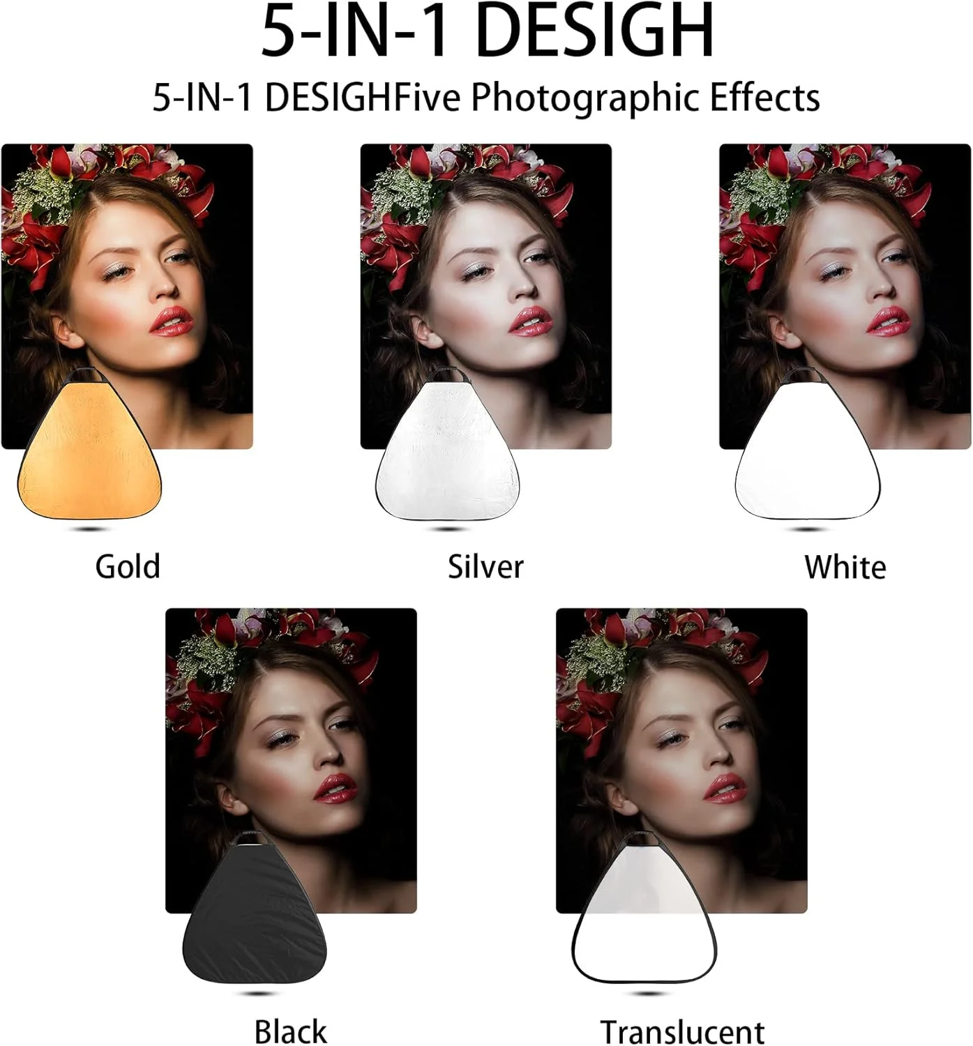 رفلکتور 5 در 1 سلنز 80 سانتی متری مثلثی تاشو طلایی/نقره ای/سفید/مشکی/شفاف با کیف حمل برای عکاسی پرتره، استودیو، فضای باز و فیلمبرداری