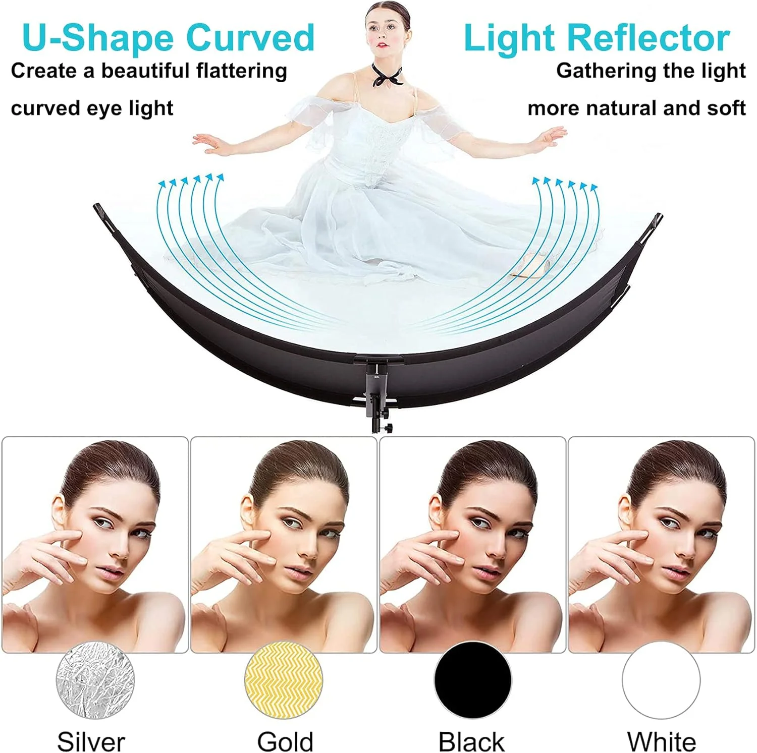 رفلکتور پرتره 4 در 1 Selens، 60 در 180 سانتی متر، رفلکتورهای منحنی شکل U + پایه نور 200 سانتی متری + کیت پخش کننده نور قابل تنظیم برای عکاسی، استودیو عکس، مشکی/سفید/طلایی/نقره ای