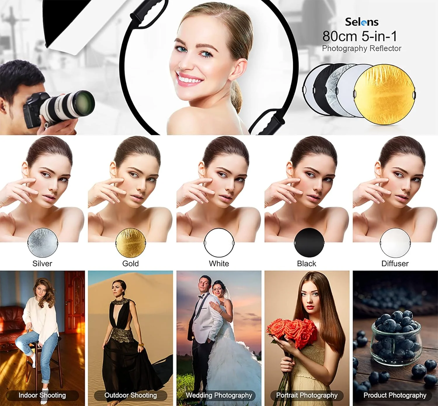 رفلکتور 5 در 1 سلنز 80 سانتی متری گرد تاشو عکاسی، دیفیوزر تاشو قابل حمل، رفلکتور طلایی/نقره ای/سفید/مشکی/شفاف برای نورپردازی استودیوی عکس و نورپردازی فضای باز