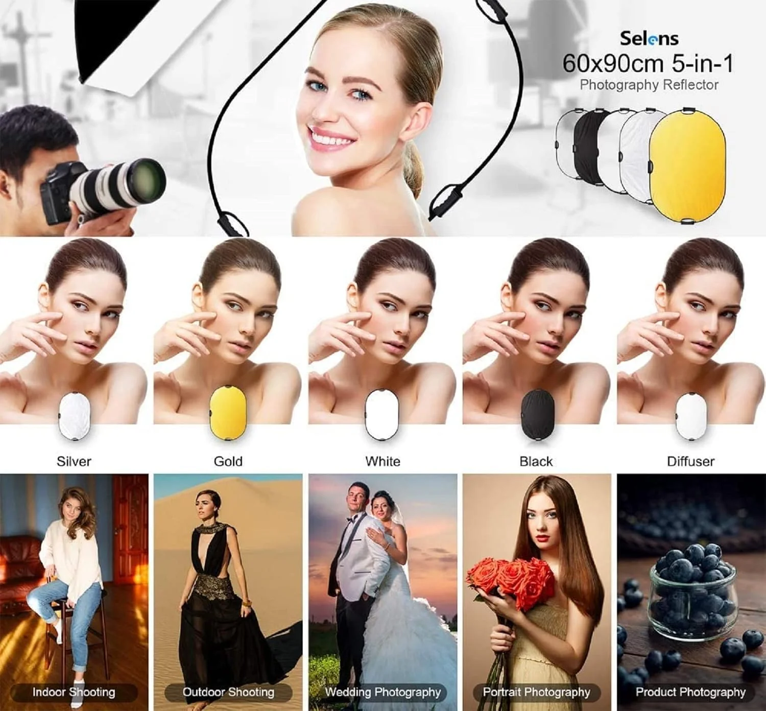 رفلکتور 5 در 1 سلنز بیضی تاشو قابل حمل 60x90 سانتی متر برای نورپردازی استودیوی عکاسی و نورپردازی فضای باز رفلکتور 5 در 1 سلنز بیضی تاشو قابل حمل 60x90 سانتی متر برای نورپردازی استودیوی عکاسی و نورپردازی فضای باز