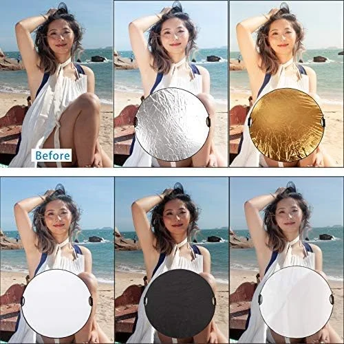 رفلکتور نور تاشو 5 در 1 قابل حمل PYXEL STUDIO 110cm، رفلکتور نور دیسکی چند منظوره گرد، شفاف، نقره ای، طلایی، سفید و مشکی