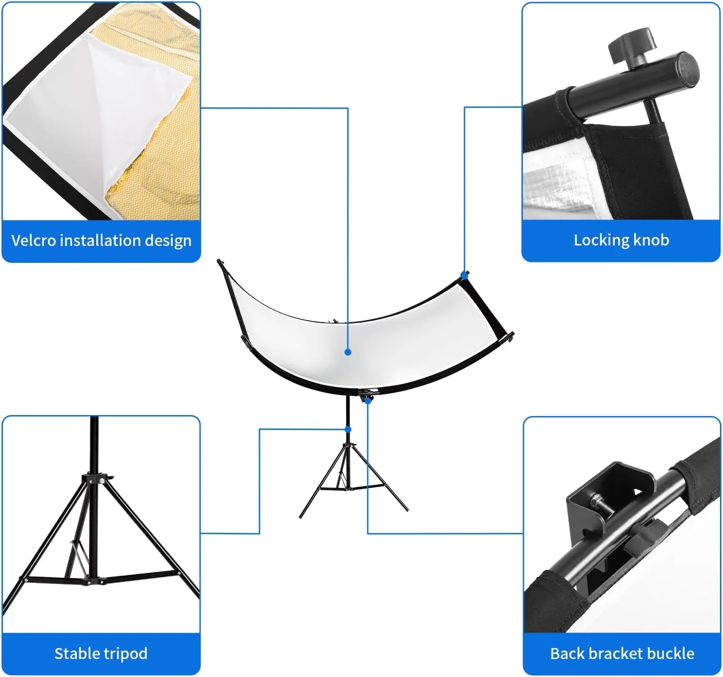 رفلکتور پرتره 4 در 1 Selens، 60 در 180 سانتی متر، رفلکتورهای منحنی شکل U + پایه نور 200 سانتی متری + کیت پخش کننده نور قابل تنظیم برای عکاسی، استودیو عکس، مشکی/سفید/طلایی/نقره ای