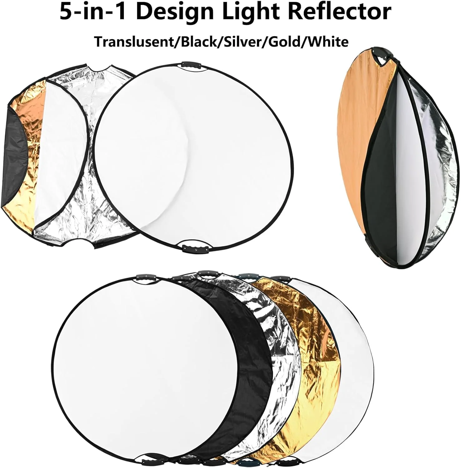 کیت بازتابنده نور شامل بازتابنده تاشو 5 در 1 به قطر 110 سانتی متر و براکت یونیورسال و مانت کفشک سرد برای نورپردازی عکاسی استودیویی و فضای باز