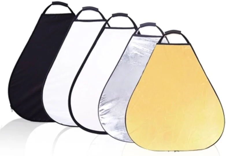 رفلکتور عکاسی مثلثی 5 در 1، 30 سانتی‌متر | طلایی نقره‌ای سفید شفاف مشکی | با دستگیره تک‌دستی | رفلکتور نور بادوام و قابل حمل با کیف حمل (30 سانتی‌متر)