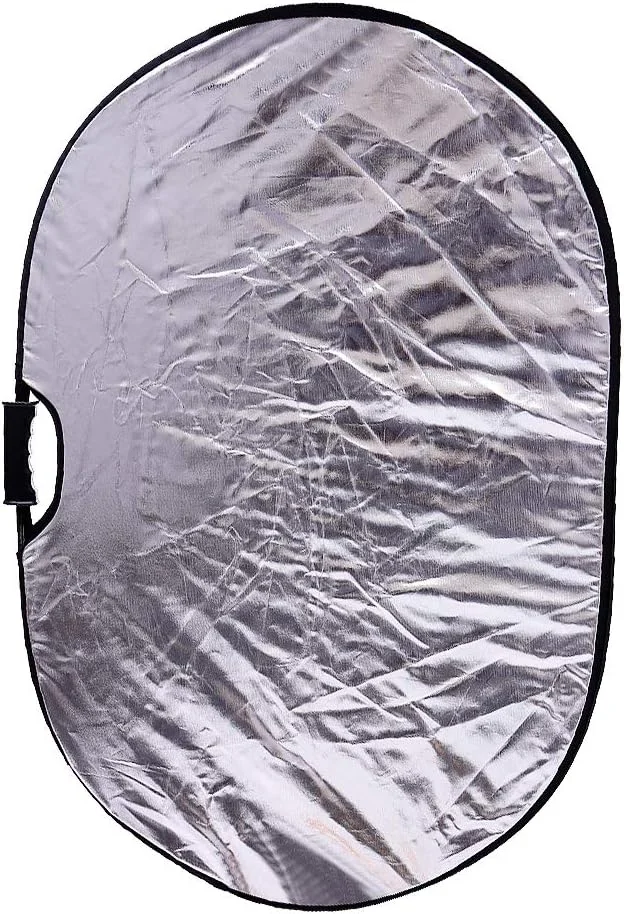 بازتابنده نور نقره ای و سفید تاشو 2 در 1 بیضی شکل 60x90 سانتی متر به همراه دسته برای نورپردازی استودیویی و فضای باز