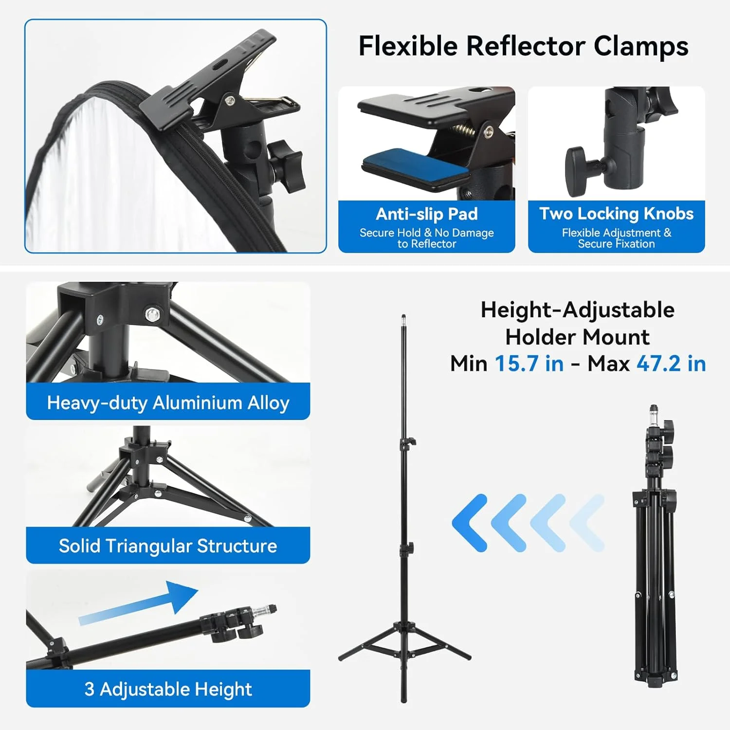 کیت رفلکتور نور UTEBIT 43 اینچی (110 سانتی متر) با پایه و دیفیوزر 5 در 1 تاشو چند دیسکی به همراه کیف، پایه نور 48 اینچی، نگهدارنده رفلکتور عکاسی - شفاف/نقره ای/طلایی/سفید/مشکی