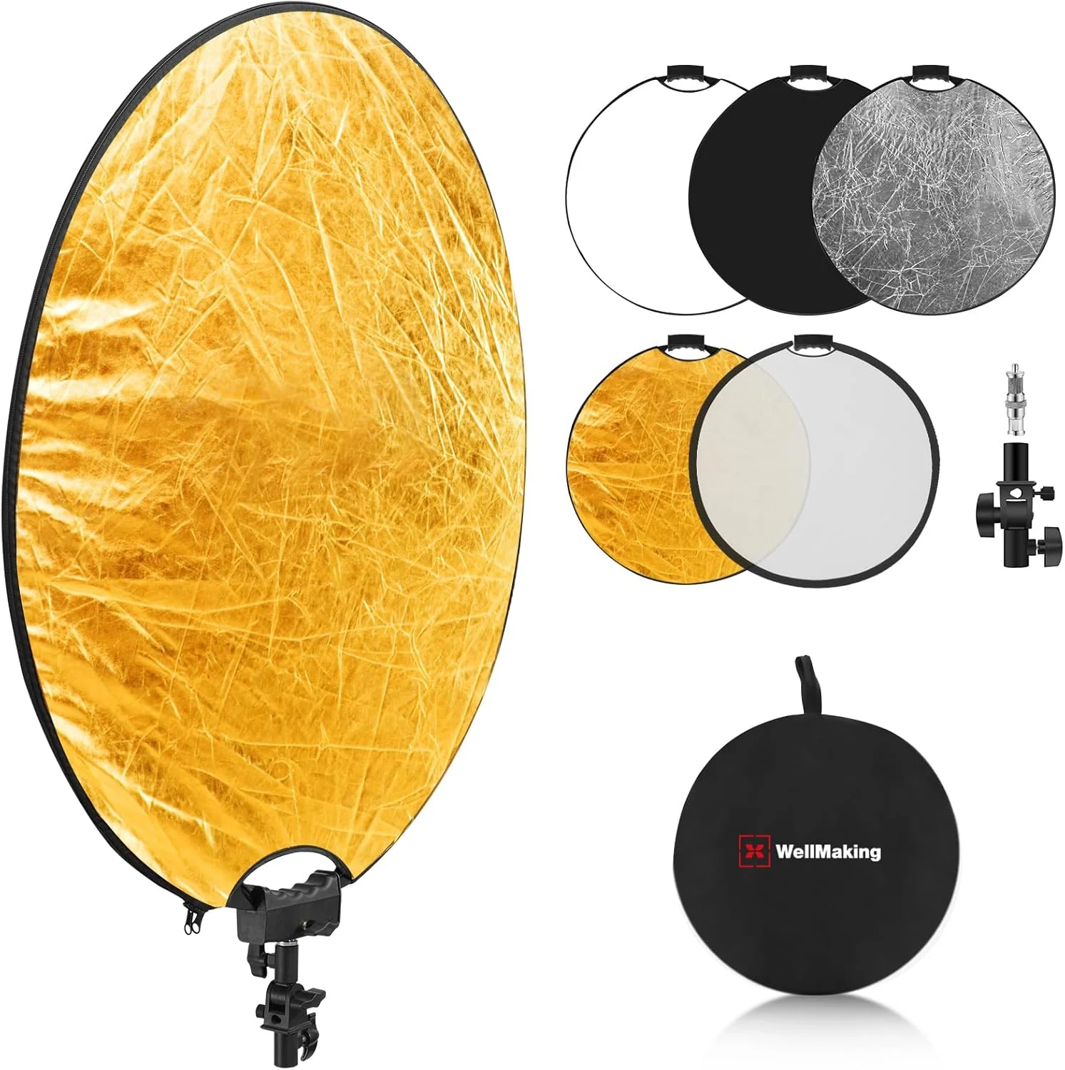 نور بازتابنده عکاسی 80 سانتی متری WELLMAKING با دسته رزوه ای و آداپتور شیب دار، بازتابنده دسته دار 5 در 1 برای نورپردازی، شفاف، نقره ای، طلایی، سفید