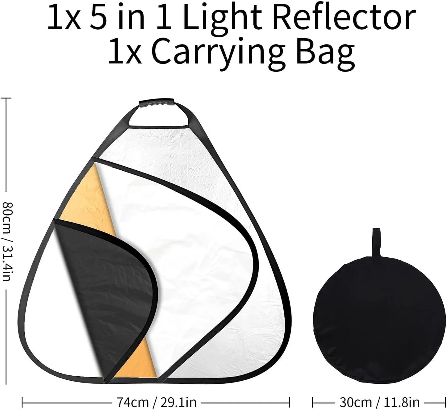 رفلکتور مثلثی 5 در 1 عکاسی وایت شاپ، رفلکتور نور 80 سانتی‌متری، پخش‌کننده نور تاشو چند دیسکی با کیف، شامل رنگ‌های شفاف، نقره‌ای، طلایی، سفید و مشکی برای نورپردازی استودیویی و عکاسی در فضای باز
