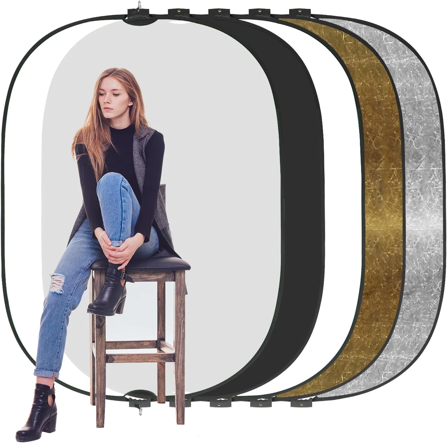 رفلکتور عکاسی 5 در 6.5 فوت / 1.5 در 2 متر WELLMAKING، رفلکتور نور تاشو با دسته رزوه ای و آداپتور شیب دار، رفلکتور دسته دار 5 در 1 برای نورپردازی - شفاف، نقره ای، طلایی، سفید و مشکی