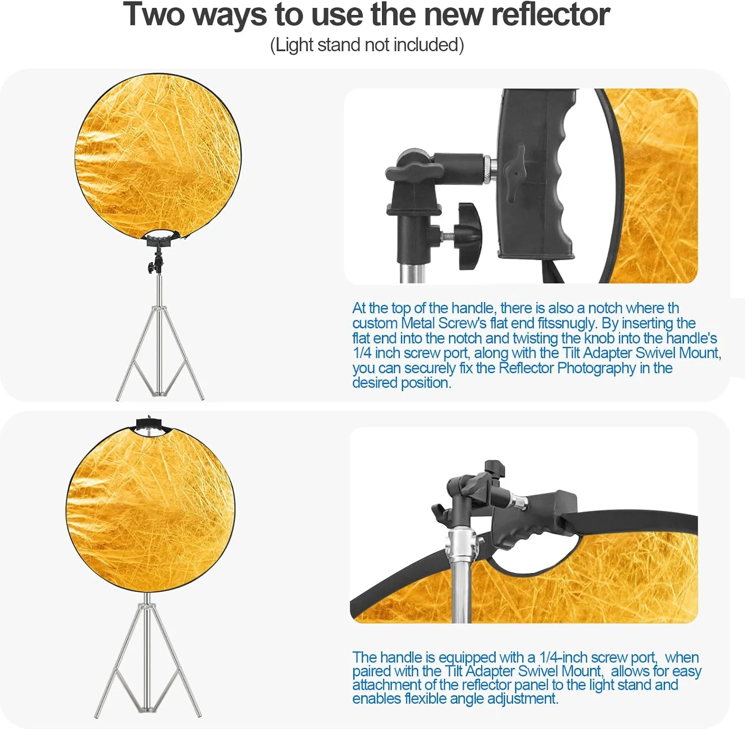 نور بازتابنده عکاسی 80 سانتی متری WELLMAKING با دسته رزوه ای و آداپتور شیب دار، بازتابنده دسته دار 5 در 1 برای نورپردازی، شفاف، نقره ای، طلایی، سفید