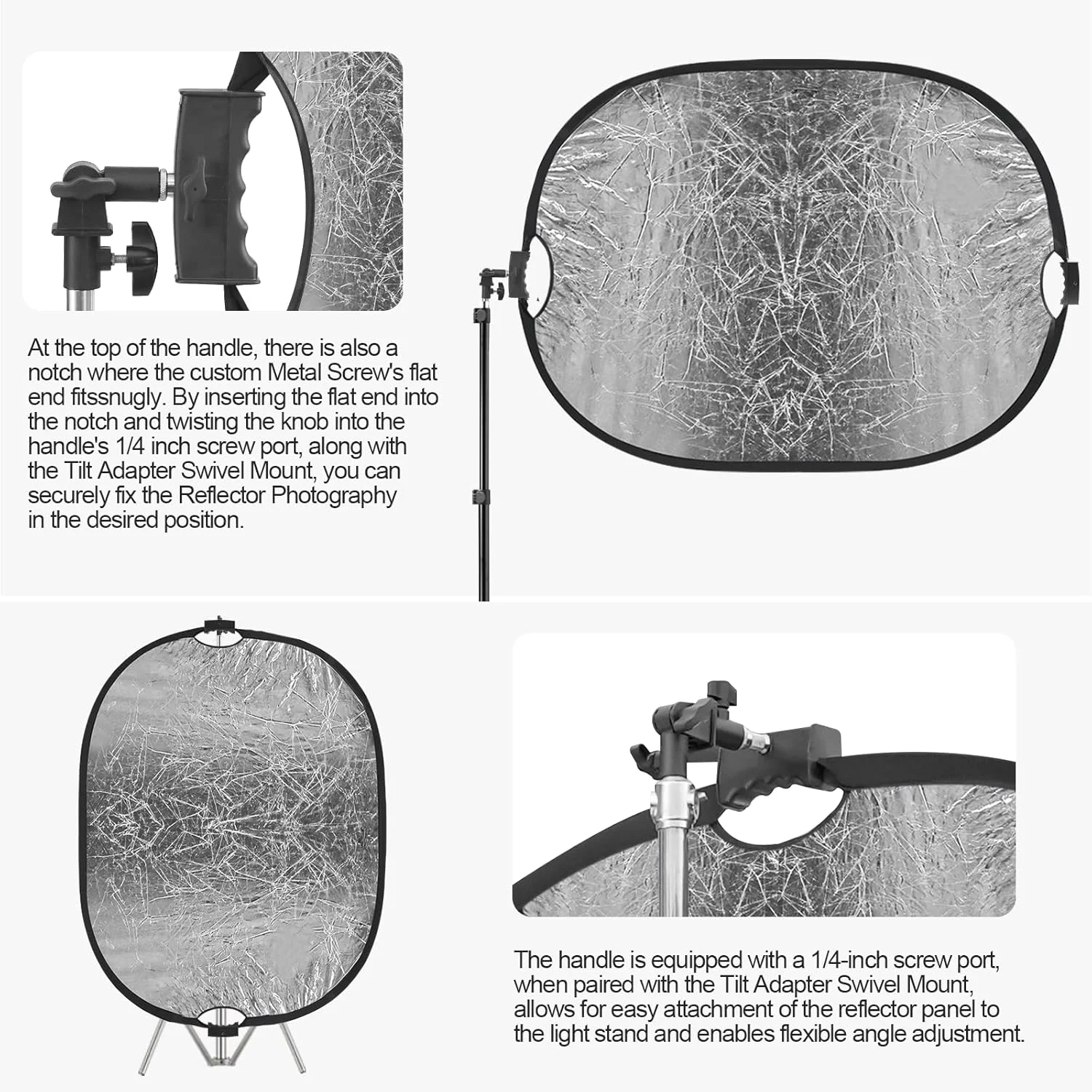 رفلکتور عکاسی WELLMAKING با دسته رزوه ای، 90x120 سانتی متر، رفلکتور نور تاشو 5 در 1 با کیف و آداپتور شیب - شفاف، نقره ای، طلایی، سفید و مشکی مناسب استودیو