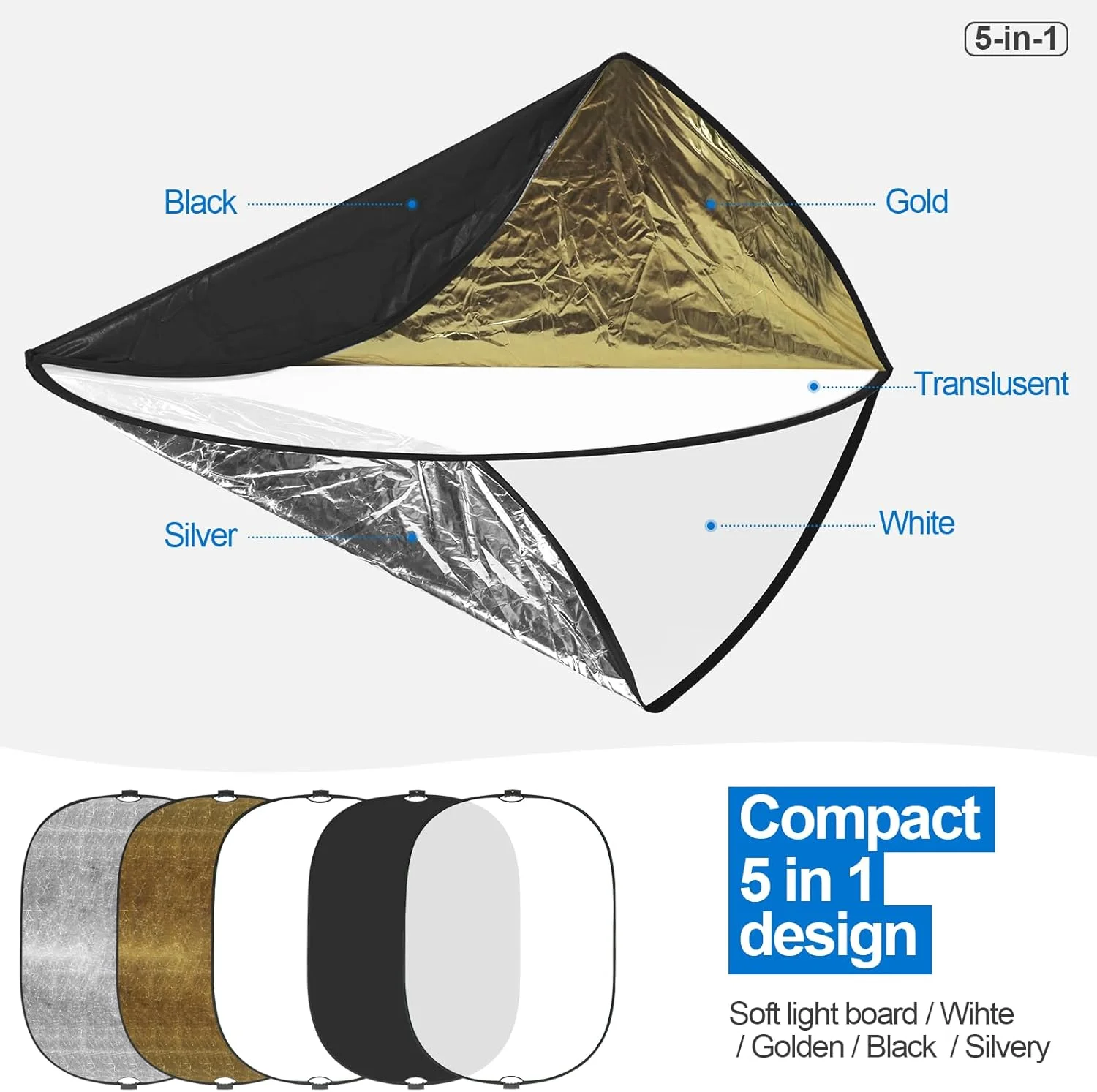 رفلکتور عکاسی 5 در 6.5 فوت / 1.5 در 2 متر WELLMAKING، رفلکتور نور تاشو با دسته رزوه ای و آداپتور شیب دار، رفلکتور دسته دار 5 در 1 برای نورپردازی - شفاف، نقره ای، طلایی، سفید و مشکی