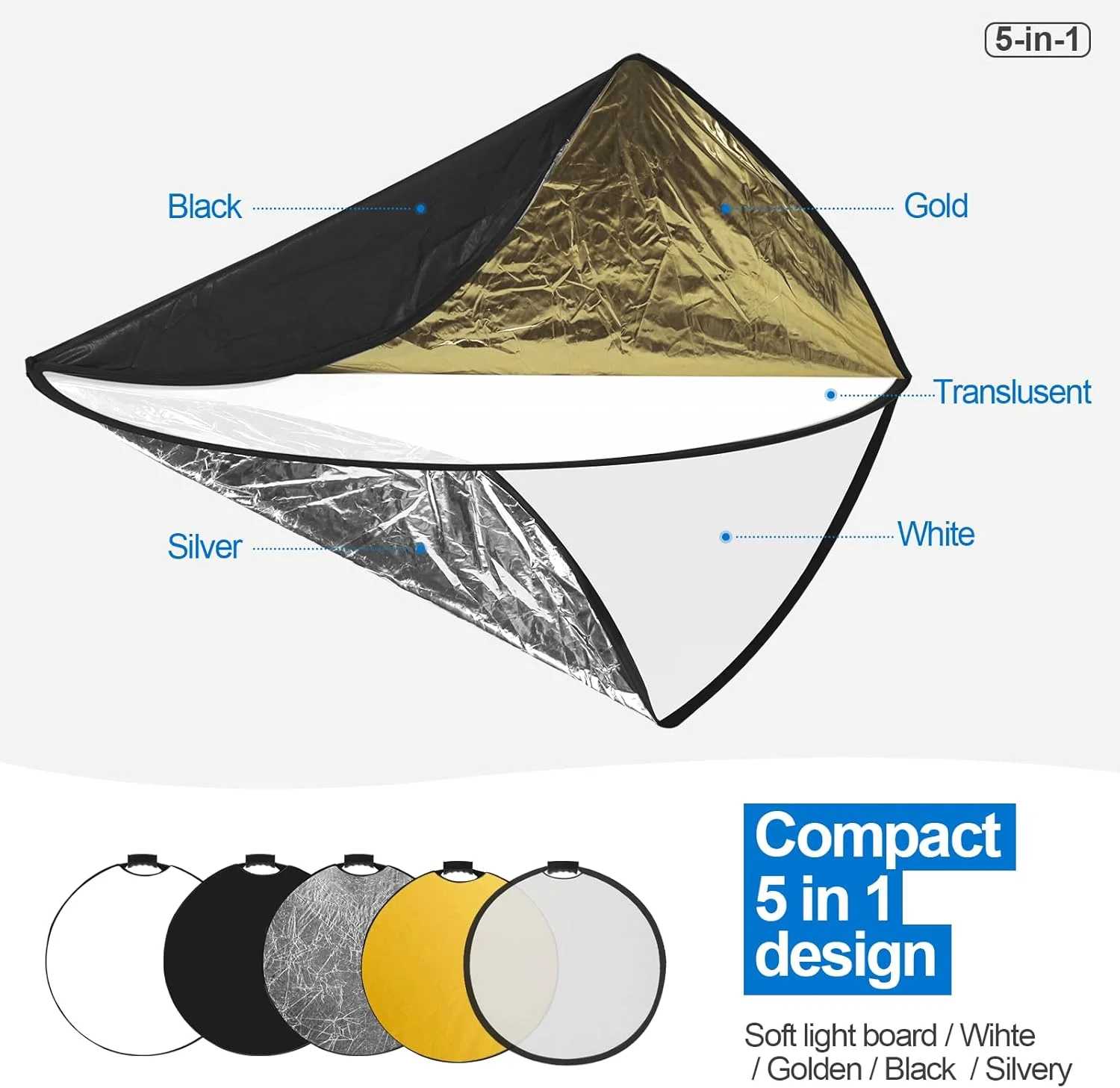 نور بازتابنده عکاسی 80 سانتی متری WELLMAKING با دسته رزوه ای و آداپتور شیب دار، بازتابنده دسته دار 5 در 1 برای نورپردازی، شفاف، نقره ای، طلایی، سفید