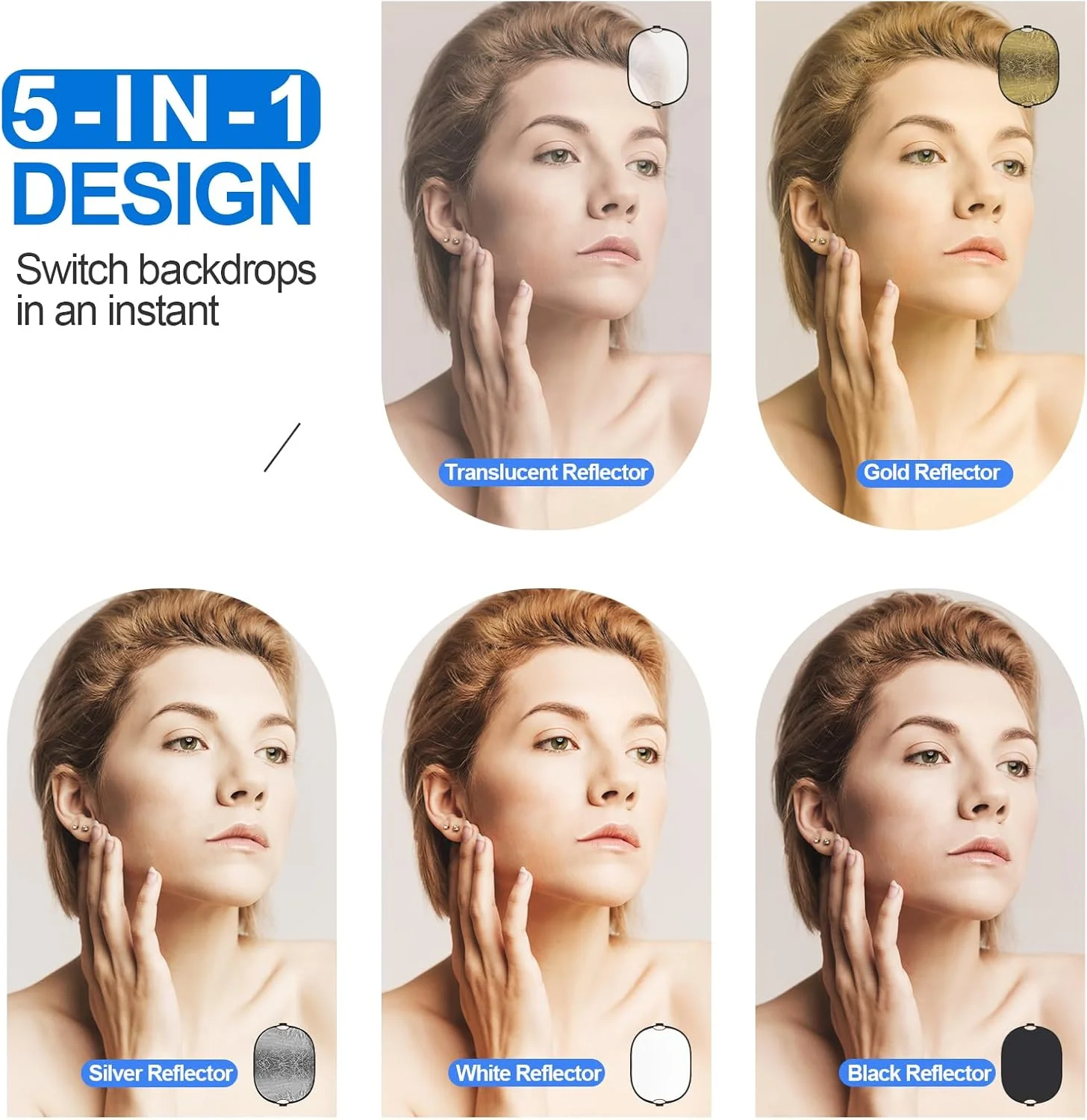 رفلکتور عکاسی WELLMAKING با دسته رزوه ای، 90x120 سانتی متر، رفلکتور نور تاشو 5 در 1 با کیف و آداپتور شیب - شفاف، نقره ای، طلایی، سفید و مشکی مناسب استودیو