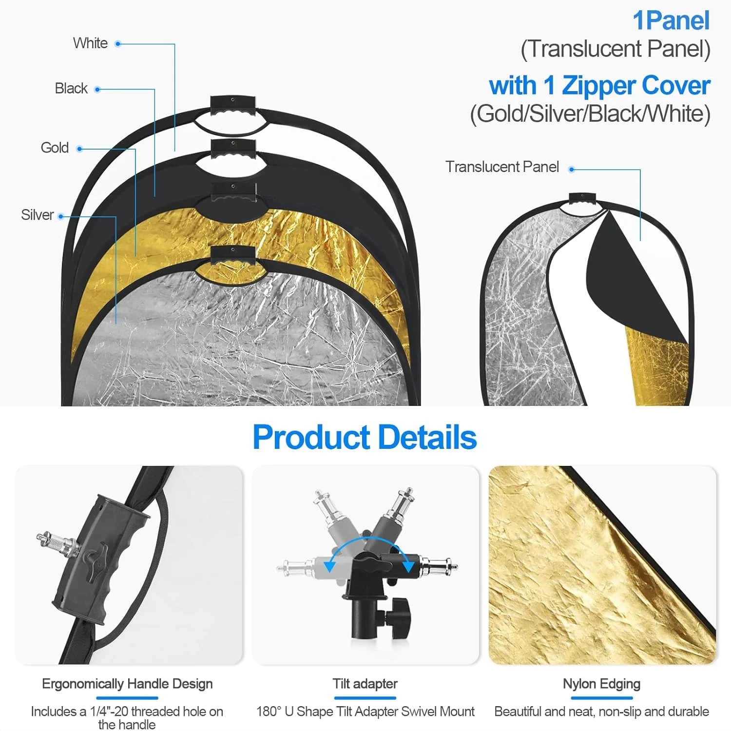 رفلکتور عکاسی 5 در 6.5 فوت / 1.5 در 2 متر WELLMAKING، رفلکتور نور تاشو با دسته رزوه ای و آداپتور شیب دار، رفلکتور دسته دار 5 در 1 برای نورپردازی - شفاف، نقره ای، طلایی، سفید و مشکی