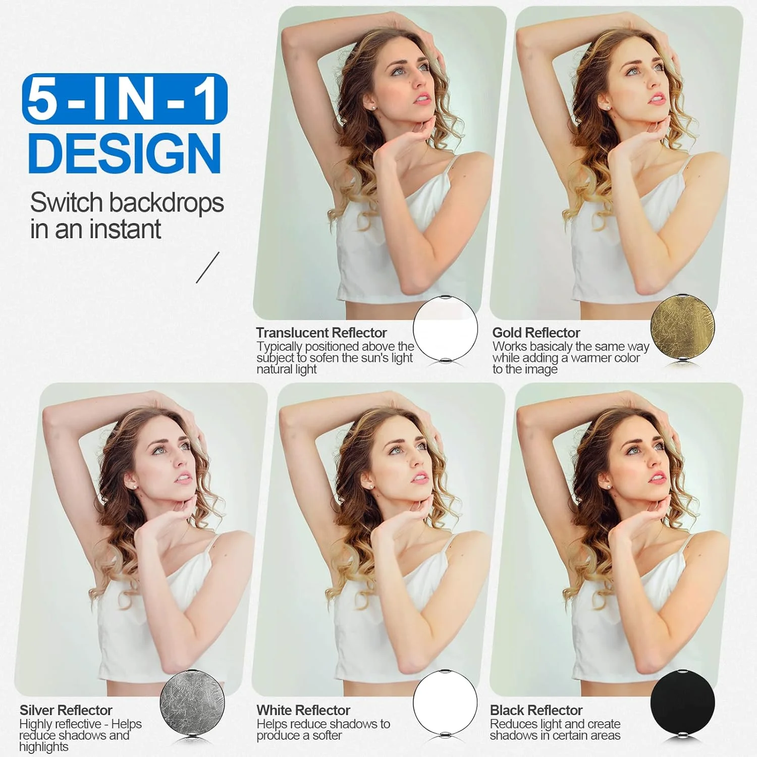 رفلکتور عکاسی 110 سانتی متری Wellmaking، رفلکتور دیفیوزر 5 در 1 تاشو قابل حمل با کیف و آداپتور شیب دار برای نورپردازی استودیو و فضای باز - شفاف، نقره ای، طلایی، سفید و سیاه