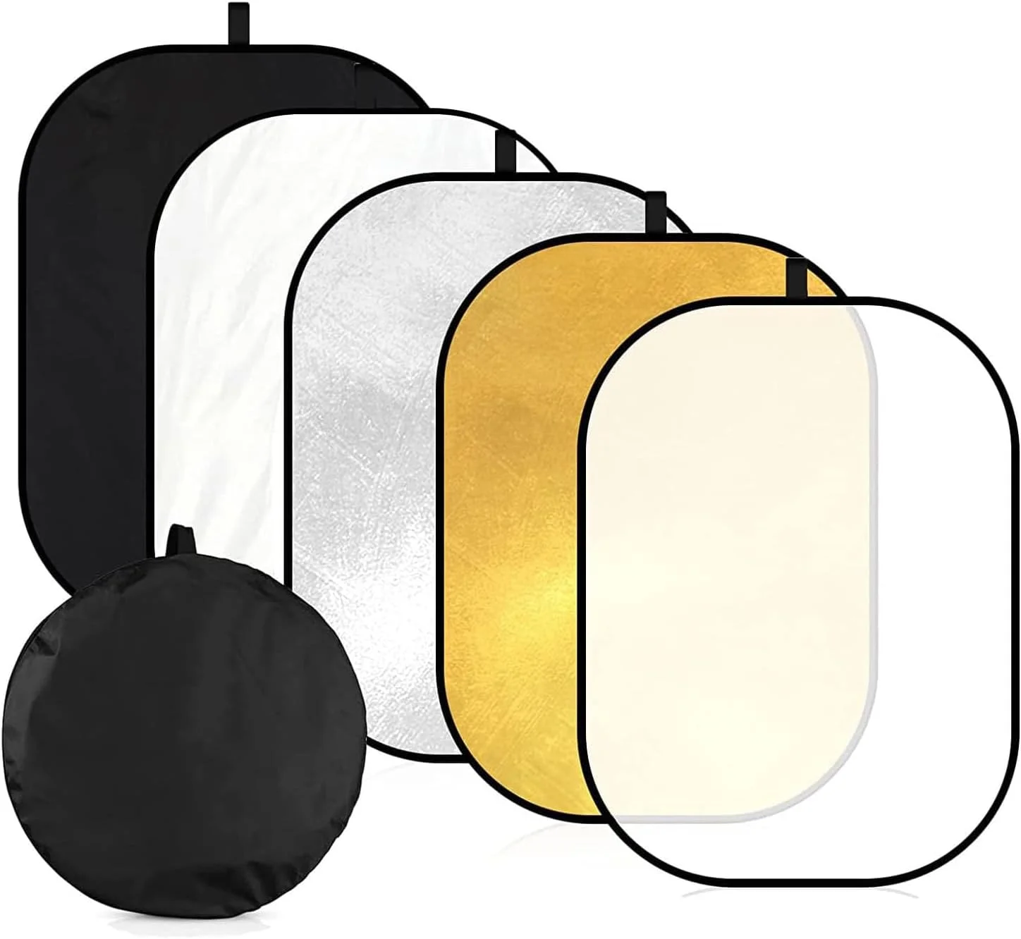 بازتابنده نور عکاسی تاشو 5 در 1، 80x120 سانتی متر، پخش کننده چند دیسکی بیضی شکل با کیف حمل - طلایی، نقره ای، مشکی، سفید، شفاف برای نورپردازی استودیویی در فضای باز (80x120 سانتی متر)